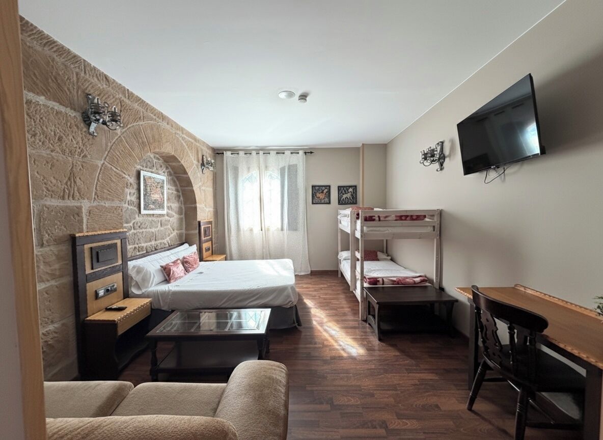 A room with two beds, a desk, a TV, and a stone wall.