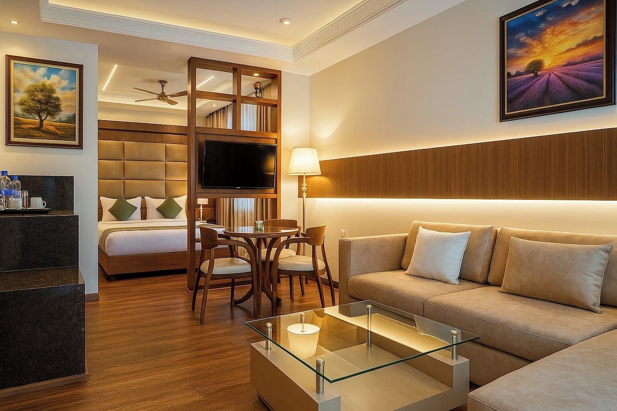 Une chambre d’hôtel comprenant un lit, une télévision, un canapé, une table à manger et une table basse.