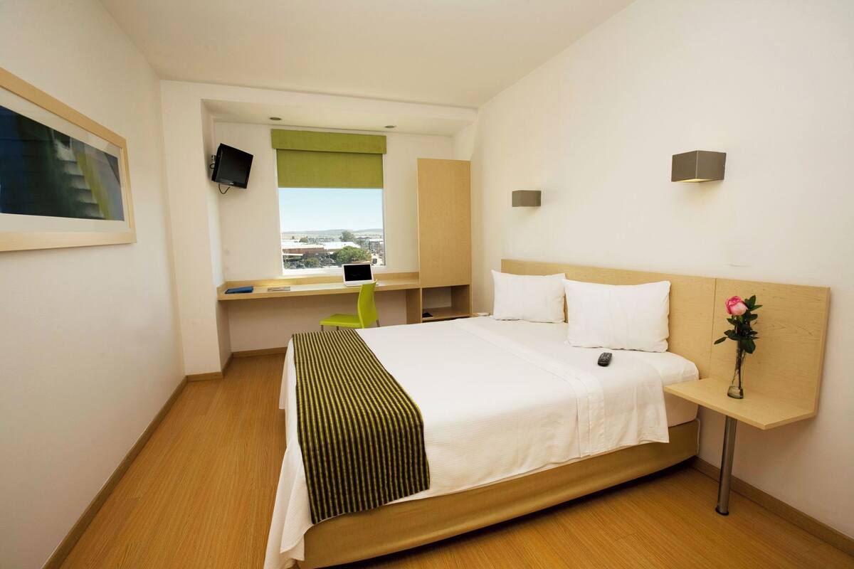 Habitació d'hotel amb un llit, una taula de treball amb un ordinador, un televisor, una finestra que ofereix una vista i una taula de nit amb un ram.