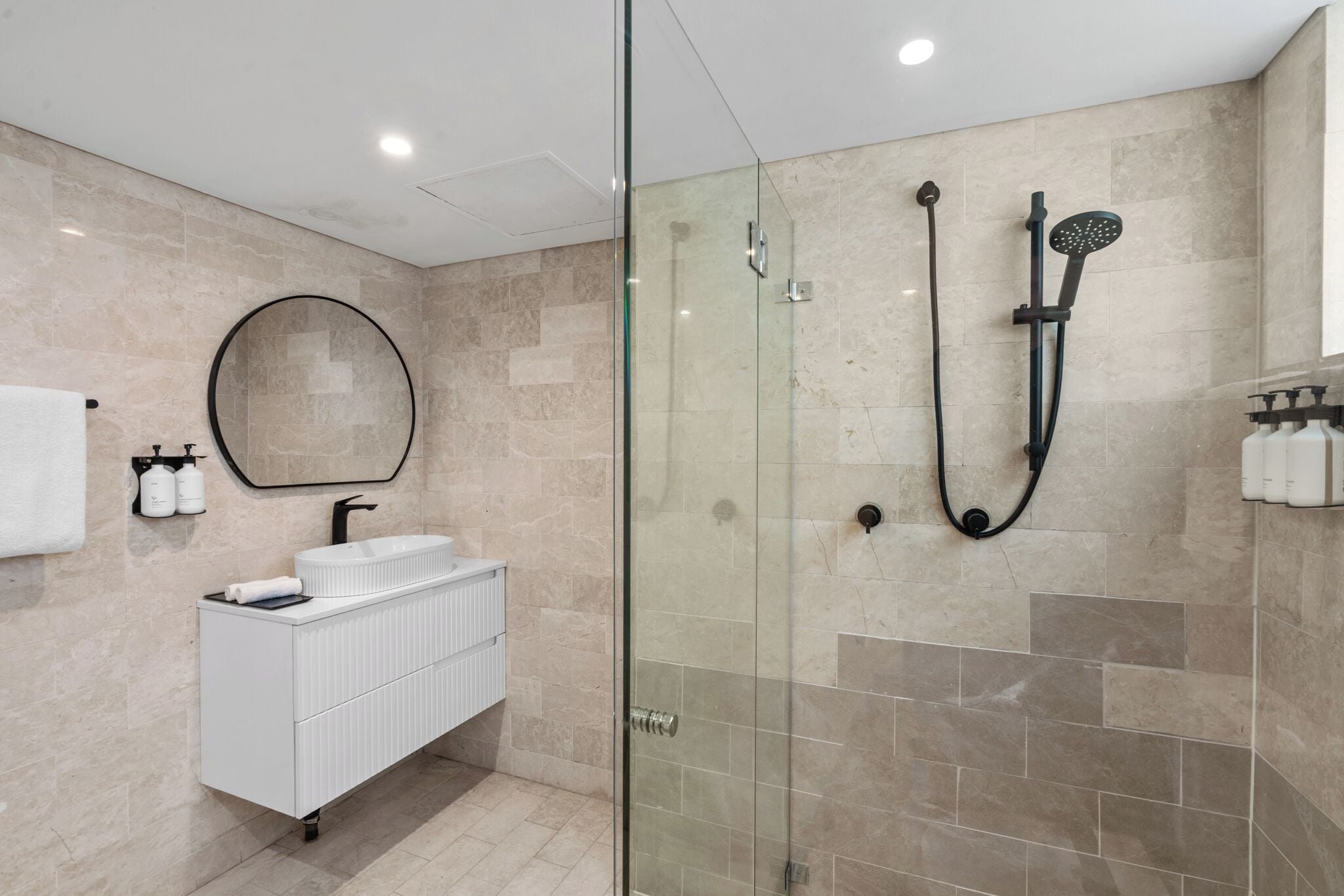 Shower, free toiletries, hair dryer, towels