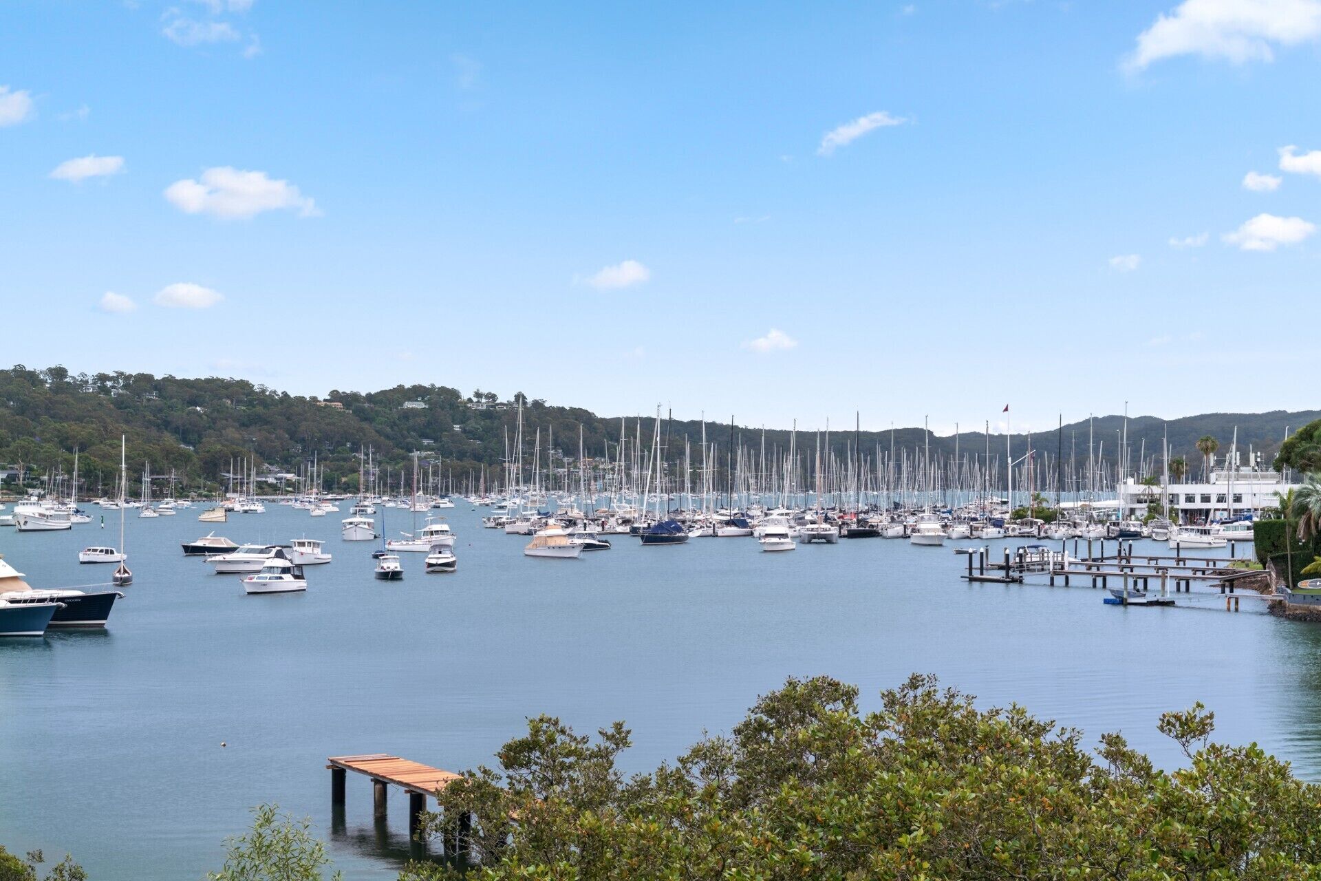 A marina with numerous boats docked, surrounded by hills and trees.