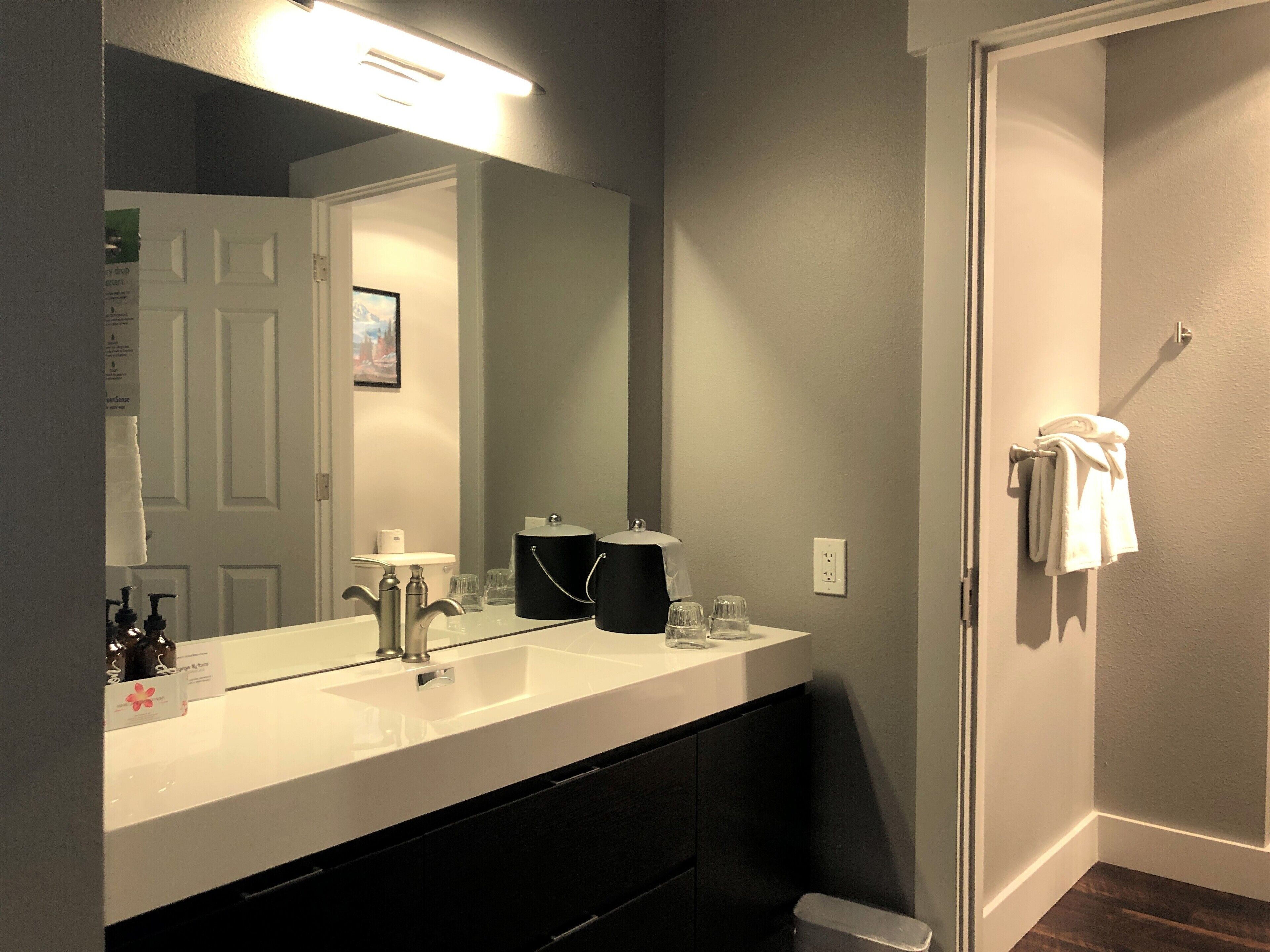 A bathroom with a white sink, black cabinet, and a mirror.