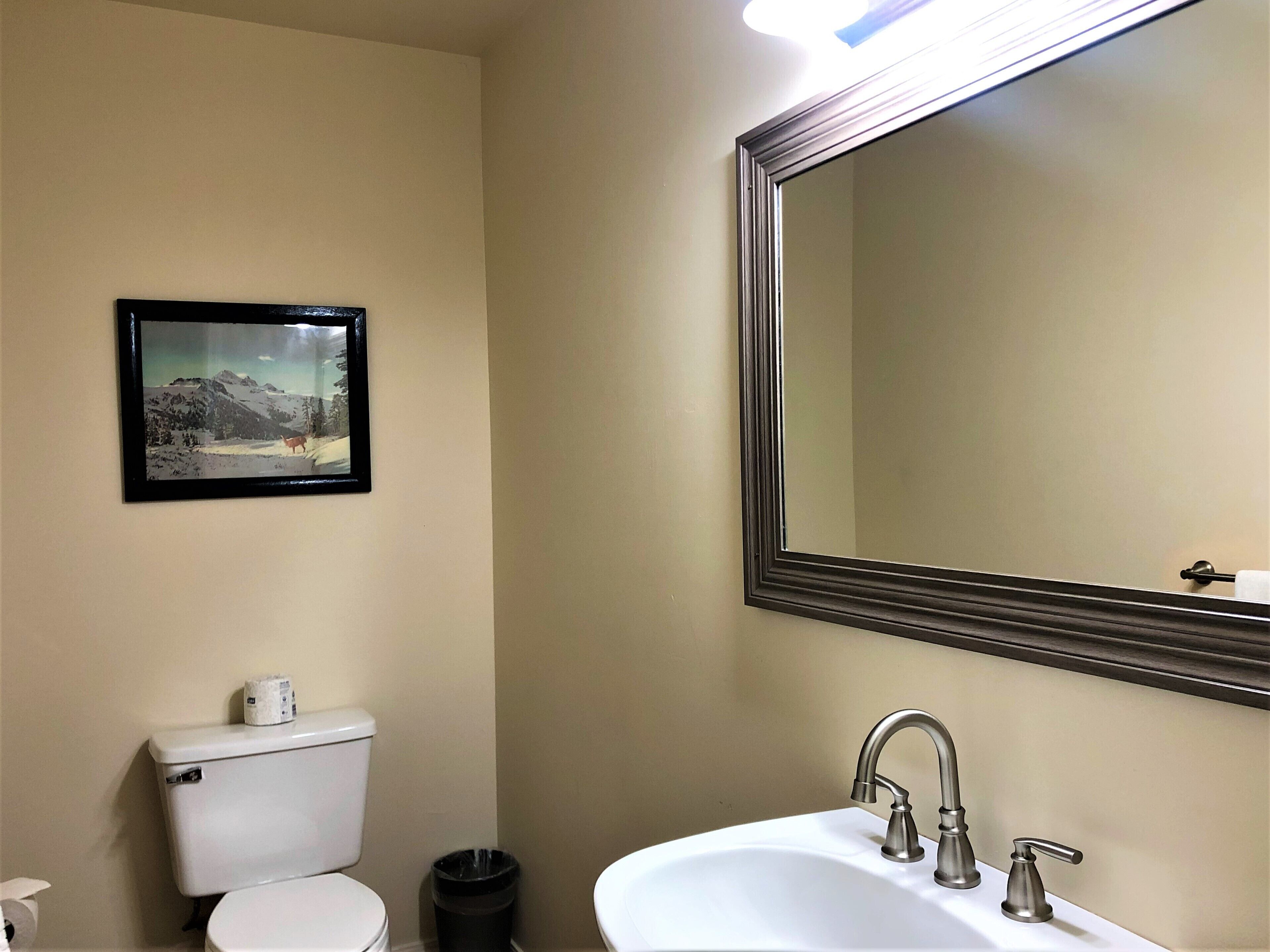 A bathroom with a toilet, sink, mirror, and a framed picture on the wall.