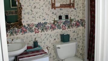 A bathroom with a floral wallpaper, a white sink, a toilet, and a mirror with an ornate frame.