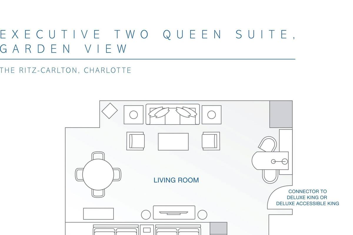 A floor plan of the Executive Two Queen Suite at The Ritz-Carlton, Charlotte, featuring a living room, bedroom, and bathroom.
