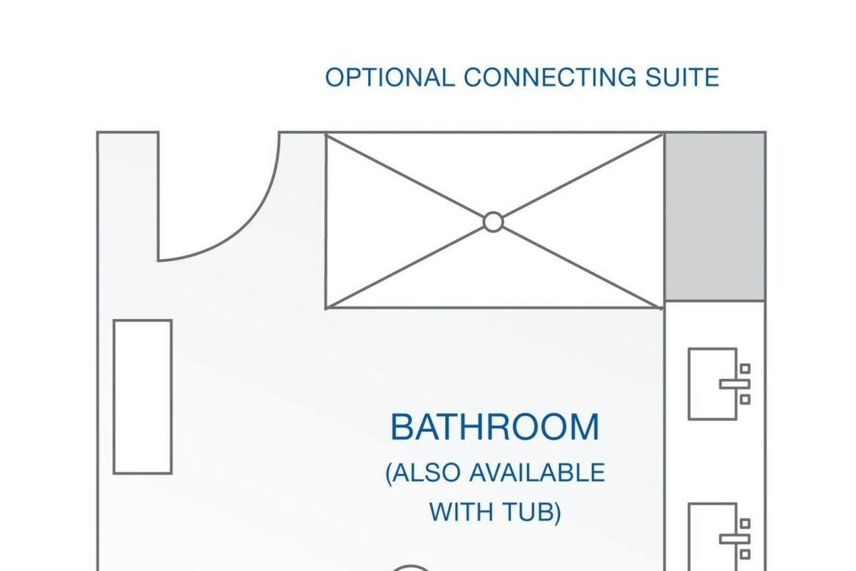 A floor plan of a hotel room with a bathroom, optional connecting suite, and a bedroom.