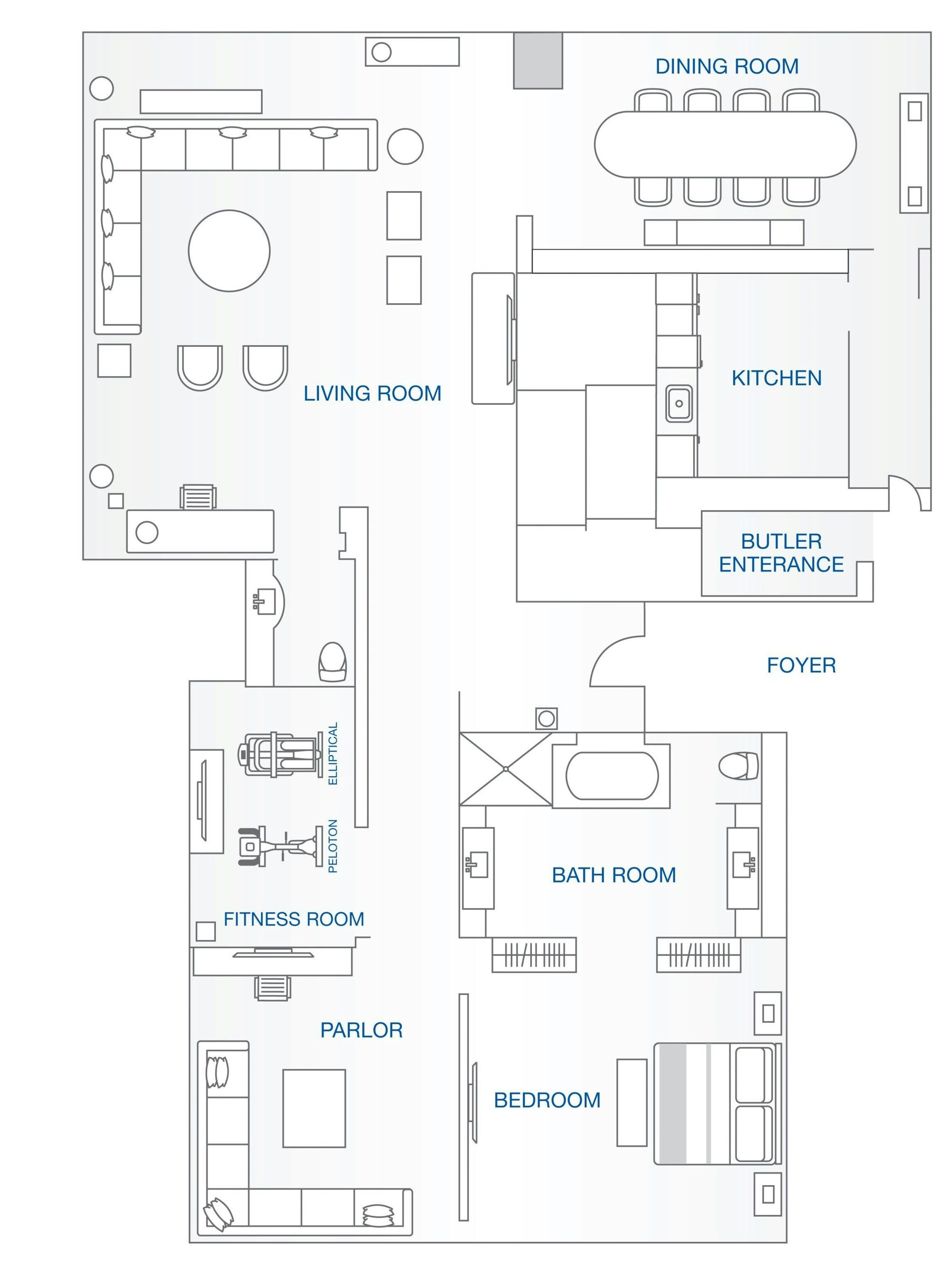 A floor plan with a living room, dining room, kitchen, butler entrance, foyer, fitness room, parlor, bathroom, and bedroom.
