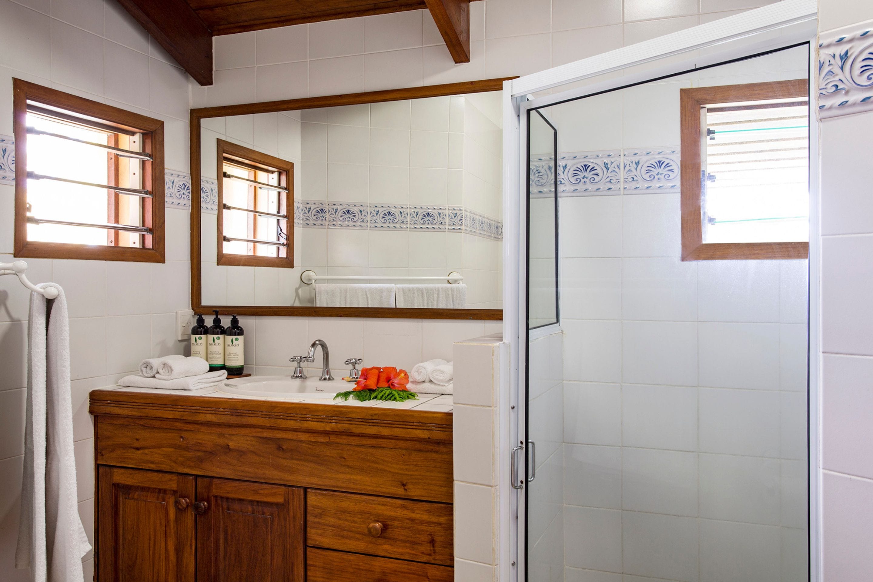 shower, free toiletries, hair dryer, towels