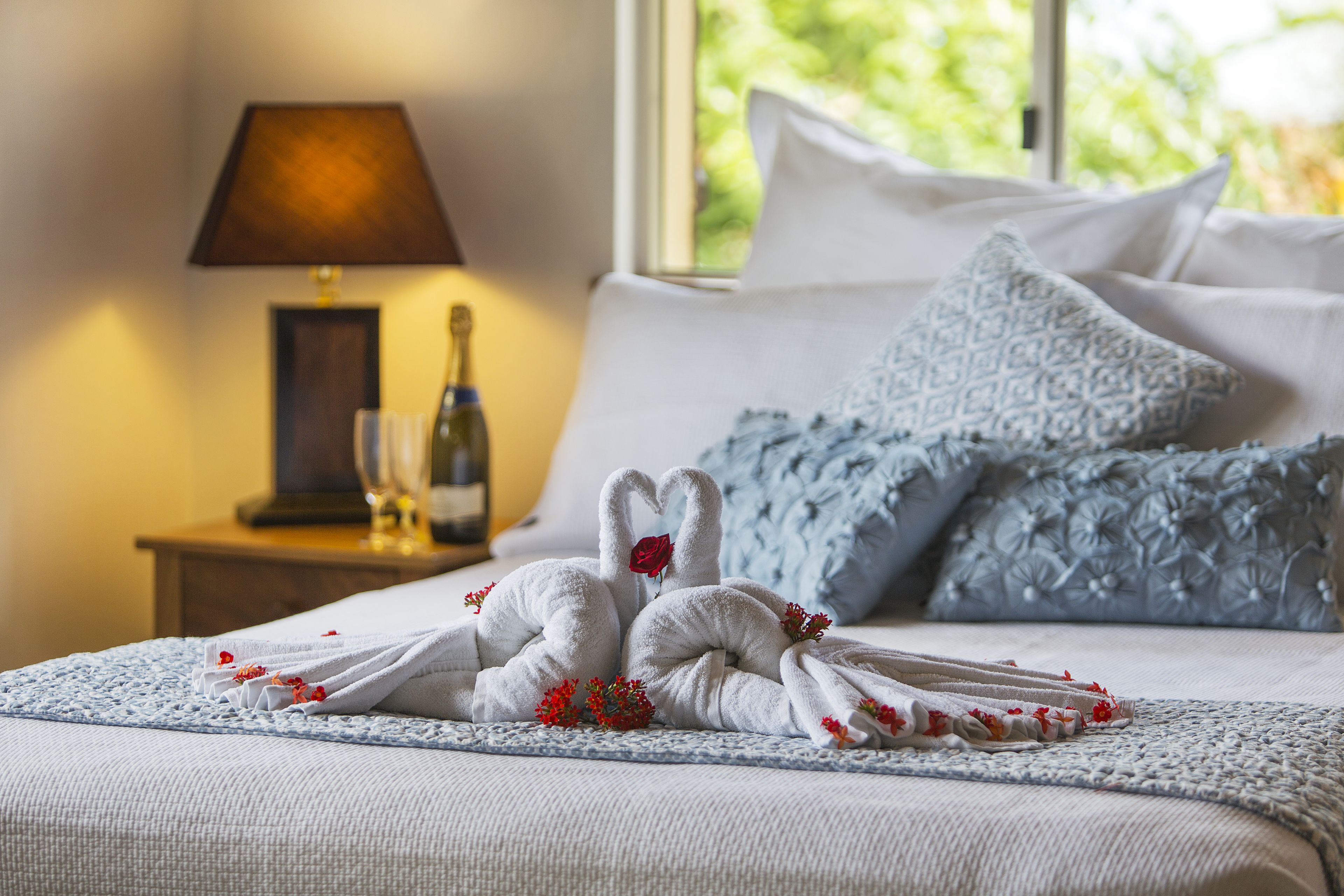 A neatly made bed with a towel sculpture of two swans, a bottle of wine, and a glass on a bedside table.