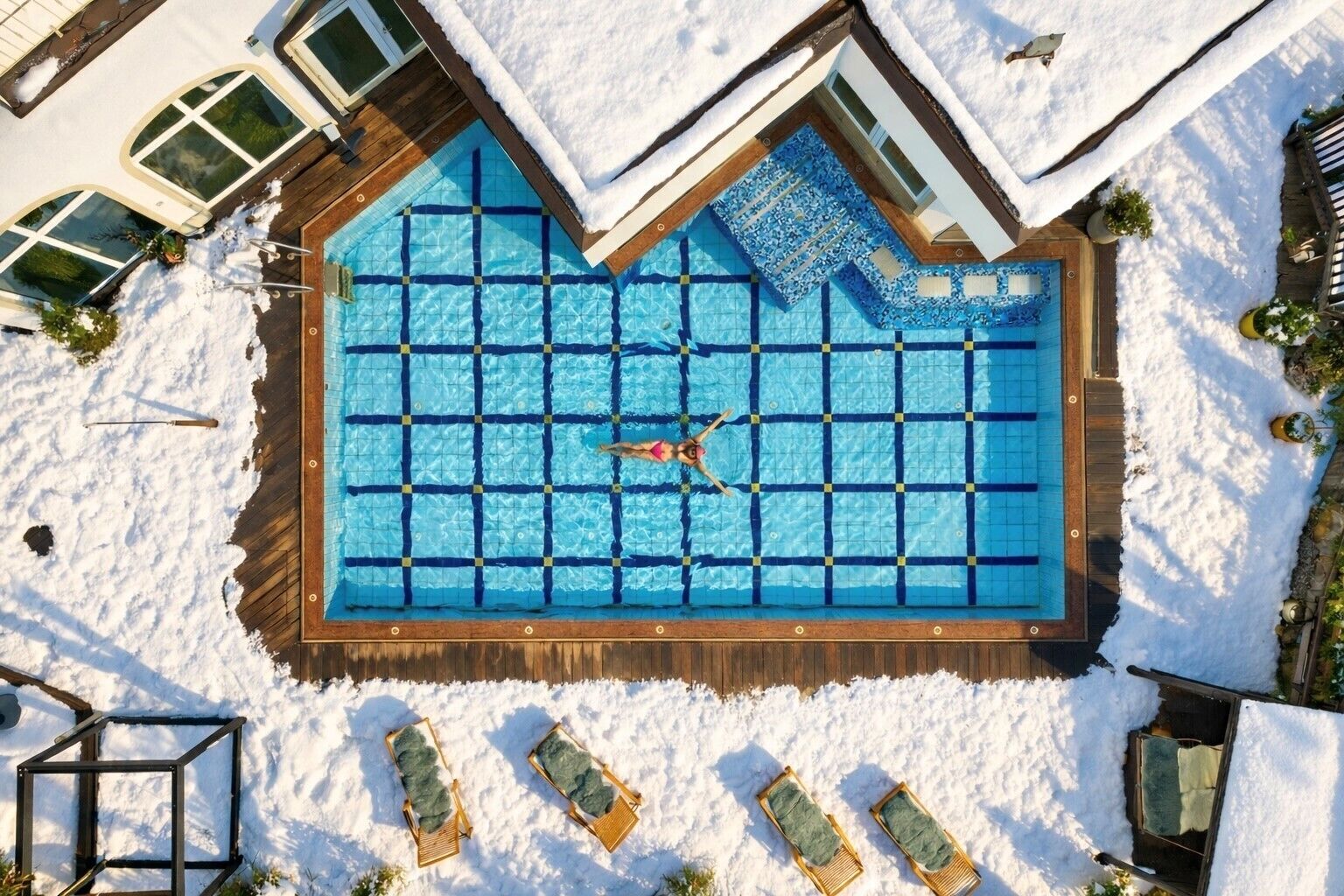 Piscine couverte, piscine extérieure, chaises longues