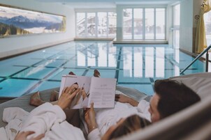 Indoor pool, outdoor pool, pool umbrellas, sun loungers