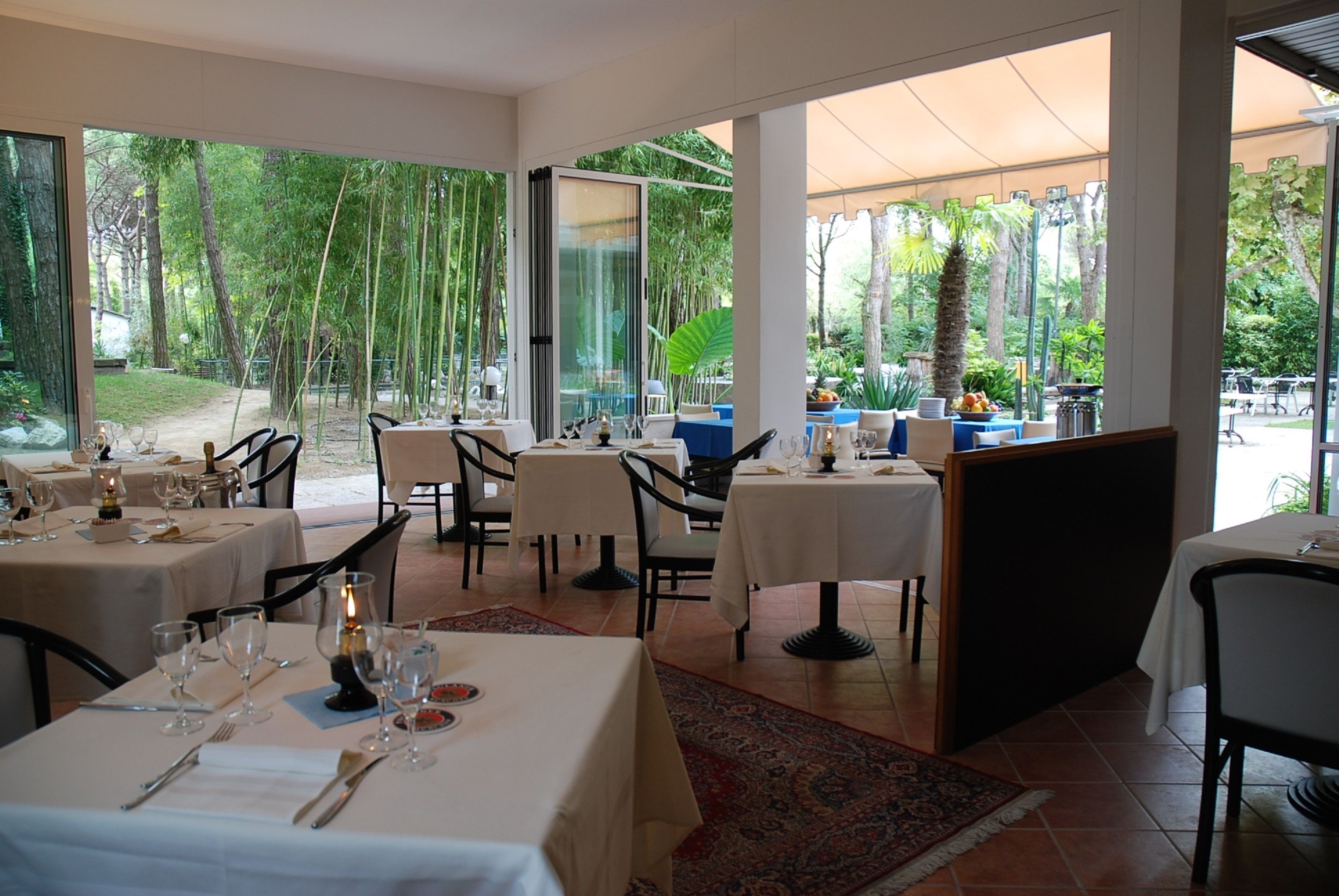Un restaurante con mesas dispuestas para comer, grandes ventanales que ofrecen vistas al exterior y un jardín tropical visible a través del cristal.