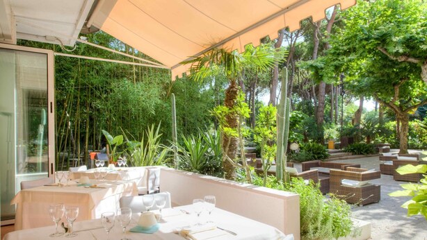 An outdoor dining area with tables set for a meal, surrounded by lush greenery and plants. - Hotel Valdor (Cavallino-Treporti)