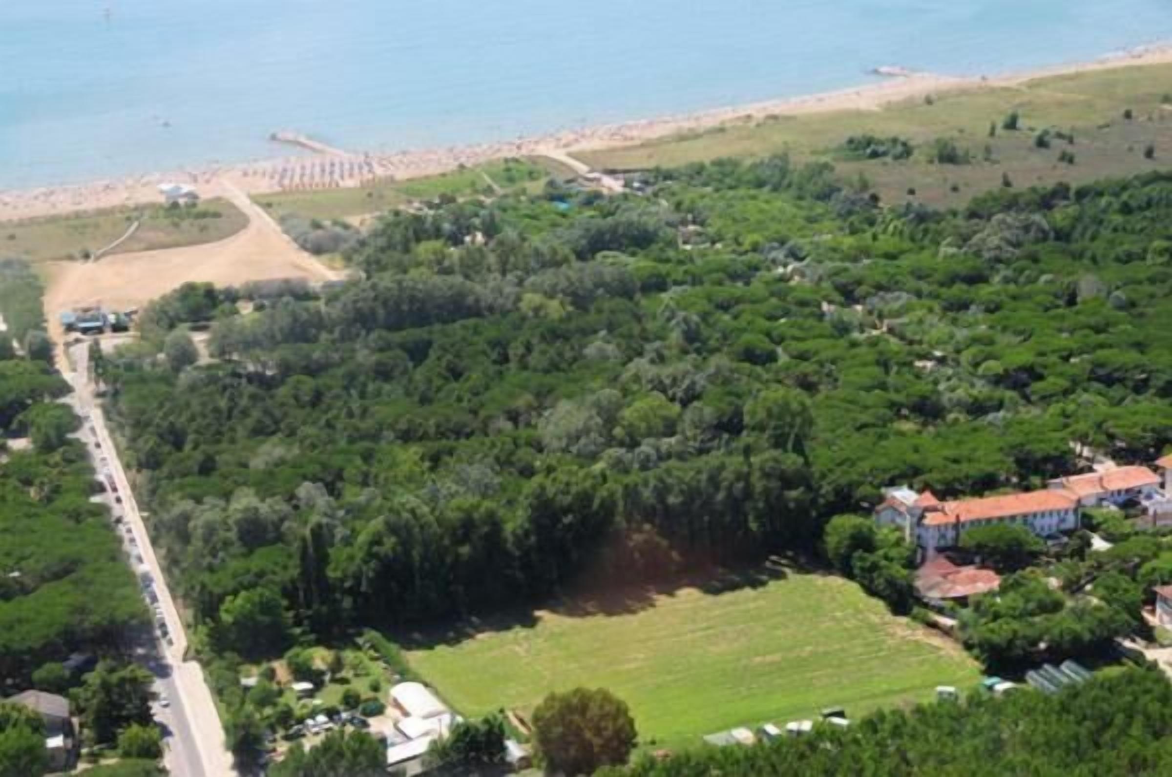 An aerial view of a coastal area with a road, dense greenery, and a building with a red roof.