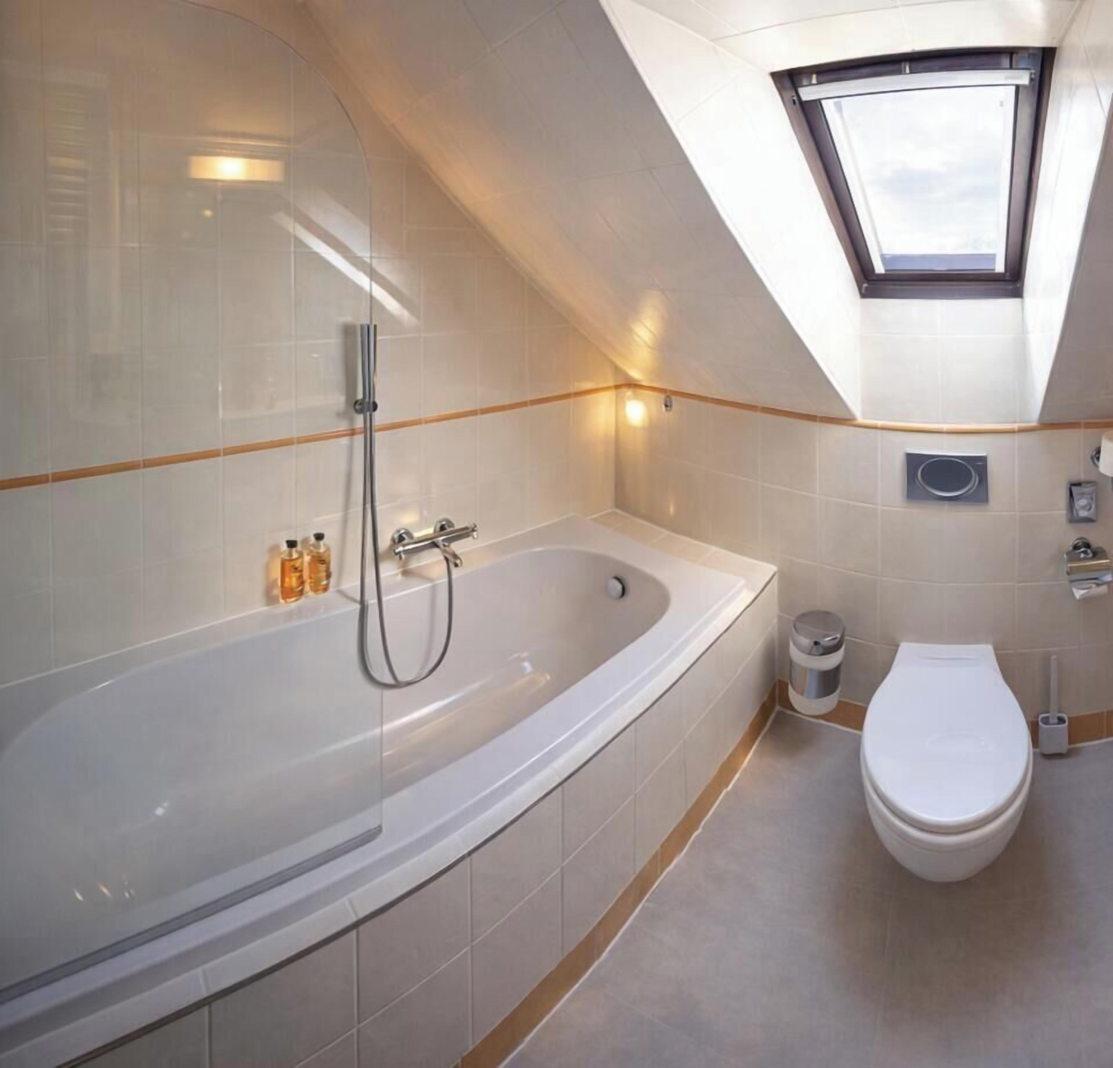 A modern bathroom with a freestanding bathtub, a toilet, and a skylight.