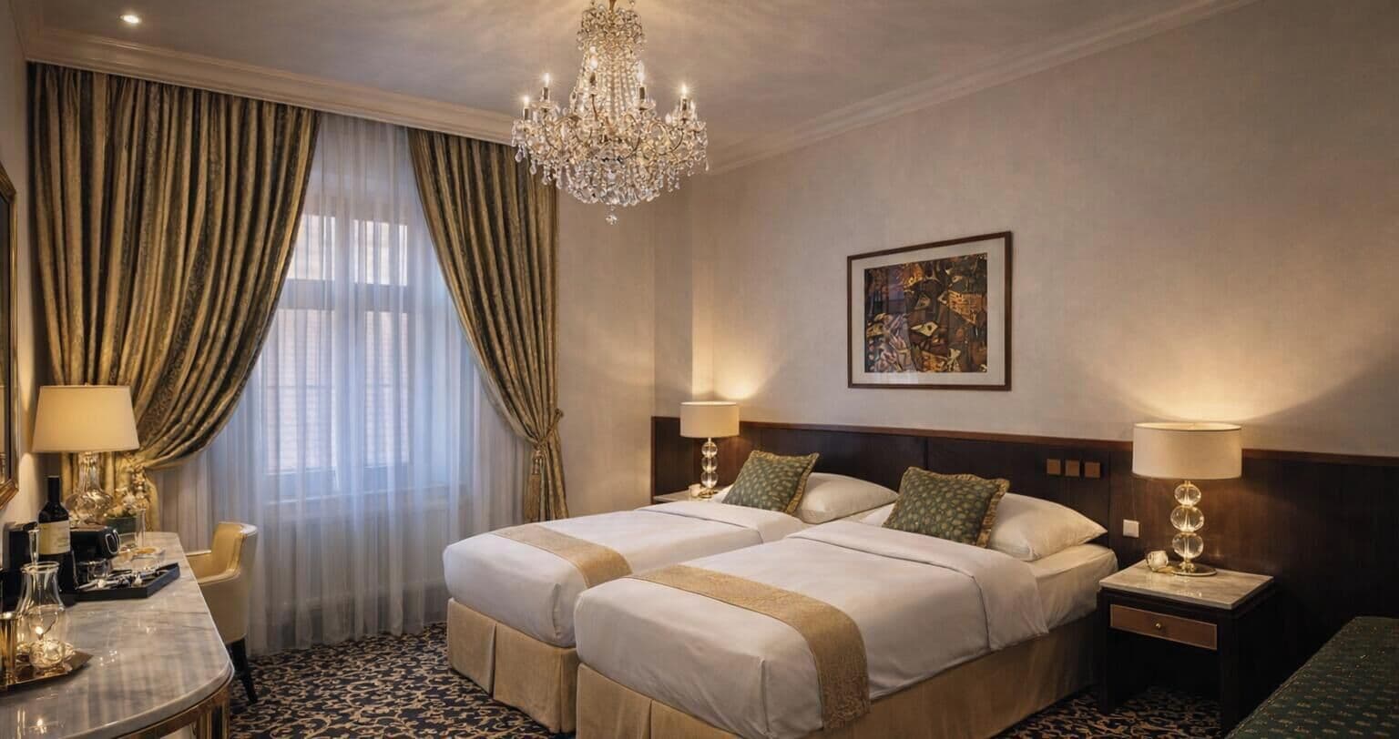 A hotel room with two beds, a chandelier, a painting, and a desk with a lamp.