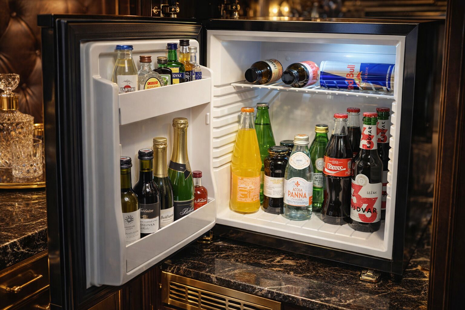 An open refrigerator stocked with various beverages, including wine and beer.
