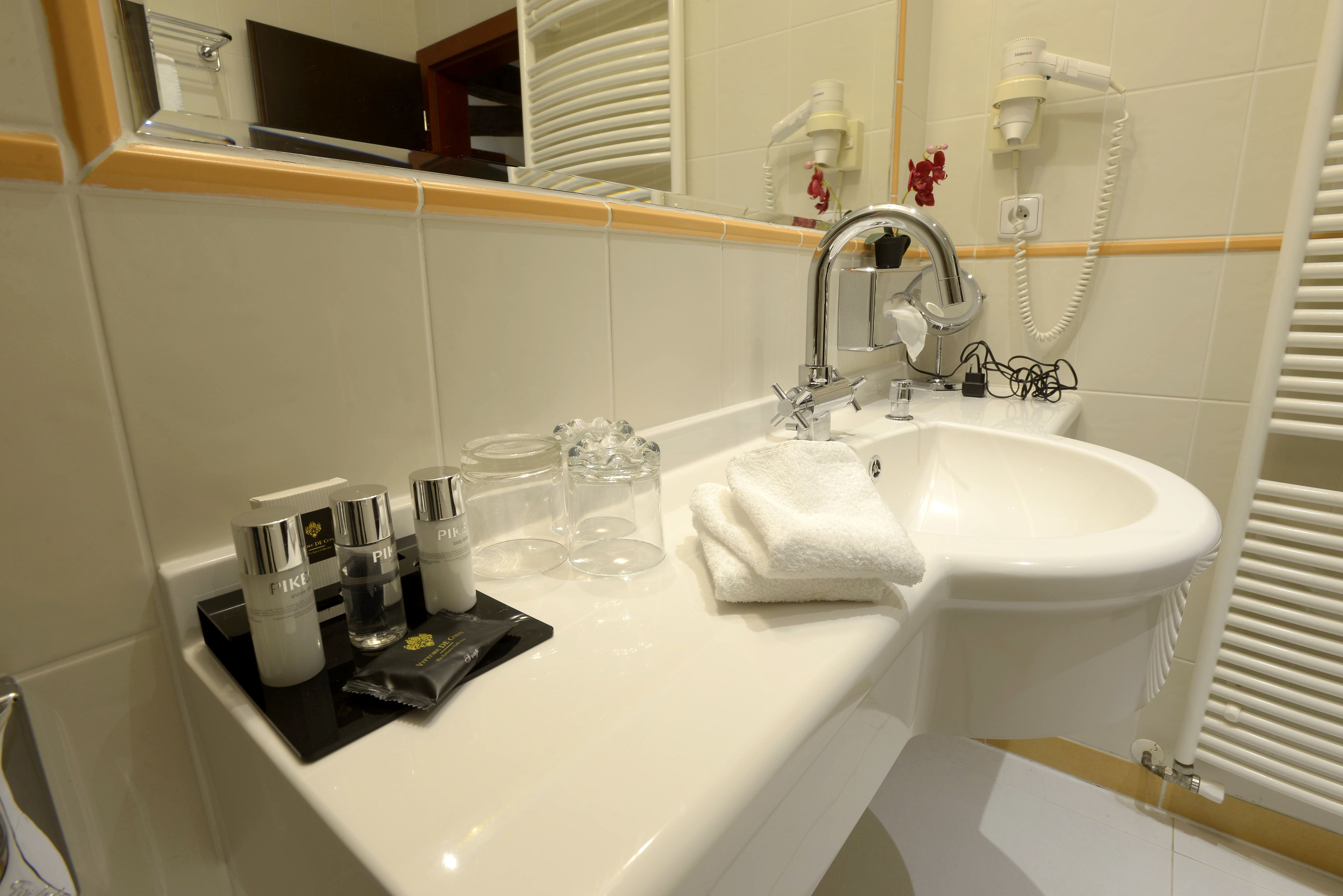 combined shower/bathtub, free toiletries, hair dryer, towels