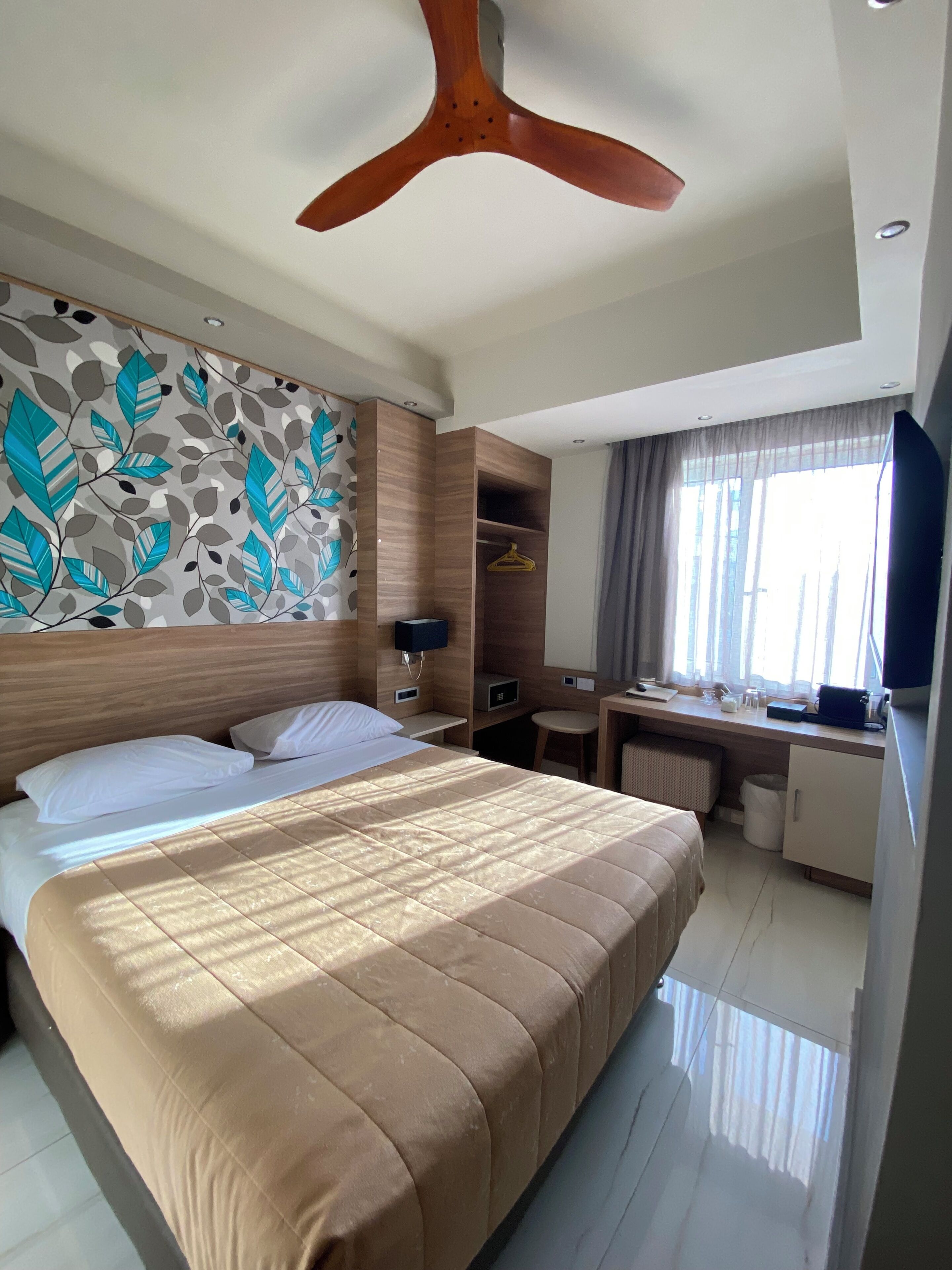 A hotel room with a bed, a desk, a chair, a TV, and a ceiling fan.