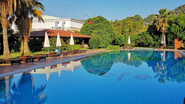 A swimming pool with a clear reflection, surrounded by palm trees and a building with a red roof.
