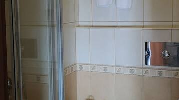 A bathroom with a glass shower enclosure, a toilet, a trash can, and a towel rack with two towels.