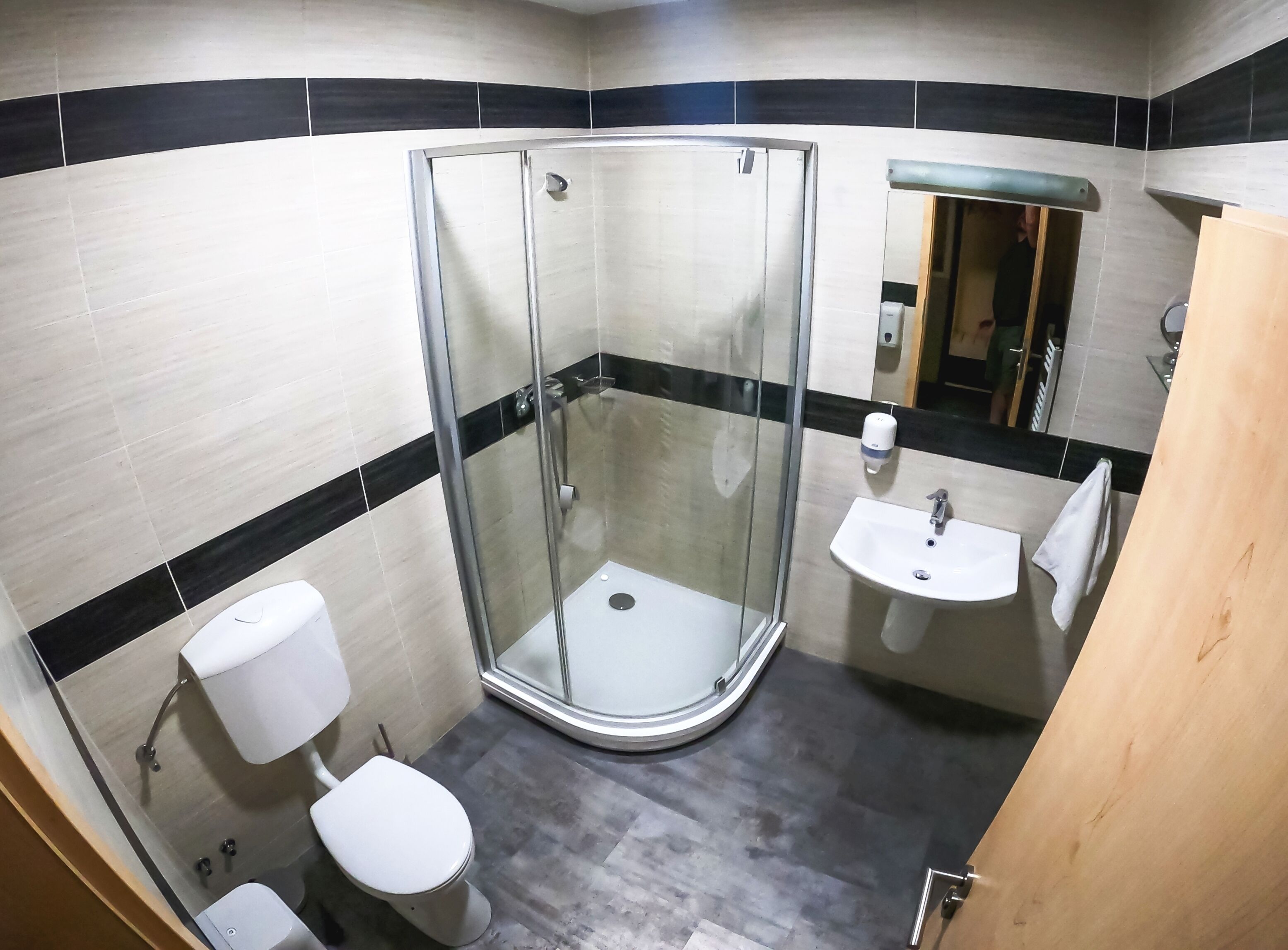 Ein Badezimmer mit einer Duschkabine, einem weißen Waschbecken und einer Toilette.