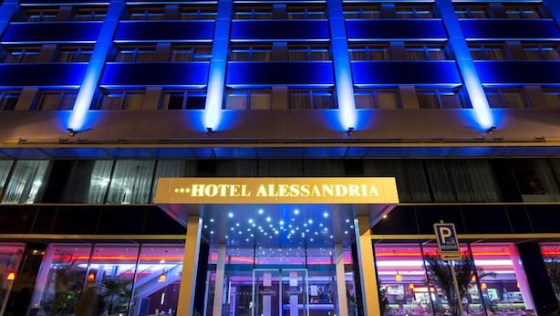 A hotel entrance with a modern design, featuring a prominent sign for HOTEL ALESSANDRIA. - Alessandria (Hradec Kralove)