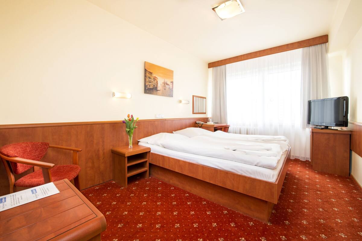 A hotel room with a bed, a chair, a small table, a TV, and a painting on the wall.
