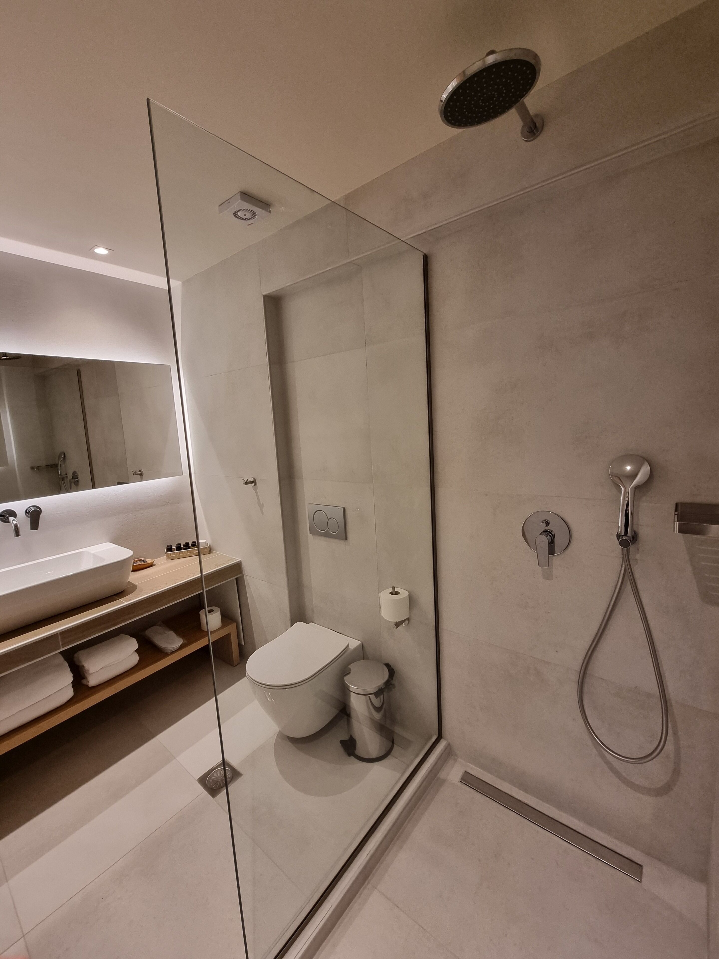 A modern bathroom with a glass-enclosed shower, a large mirror, a white sink, and a toilet.