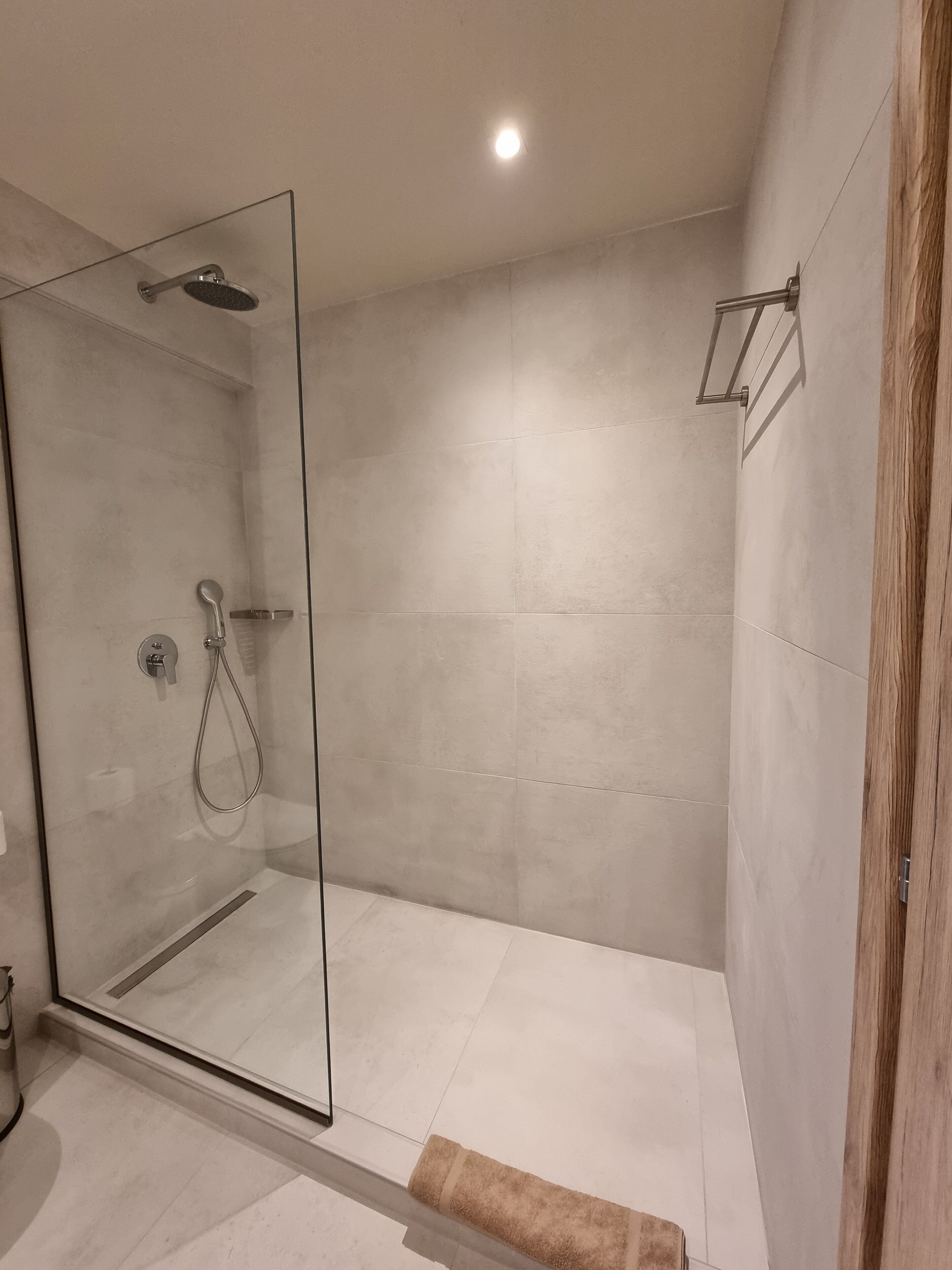 Ein moderner Duschbereich mit Glasduschtür, Handbrause und einem am Wand montierten Handtuchhalter.