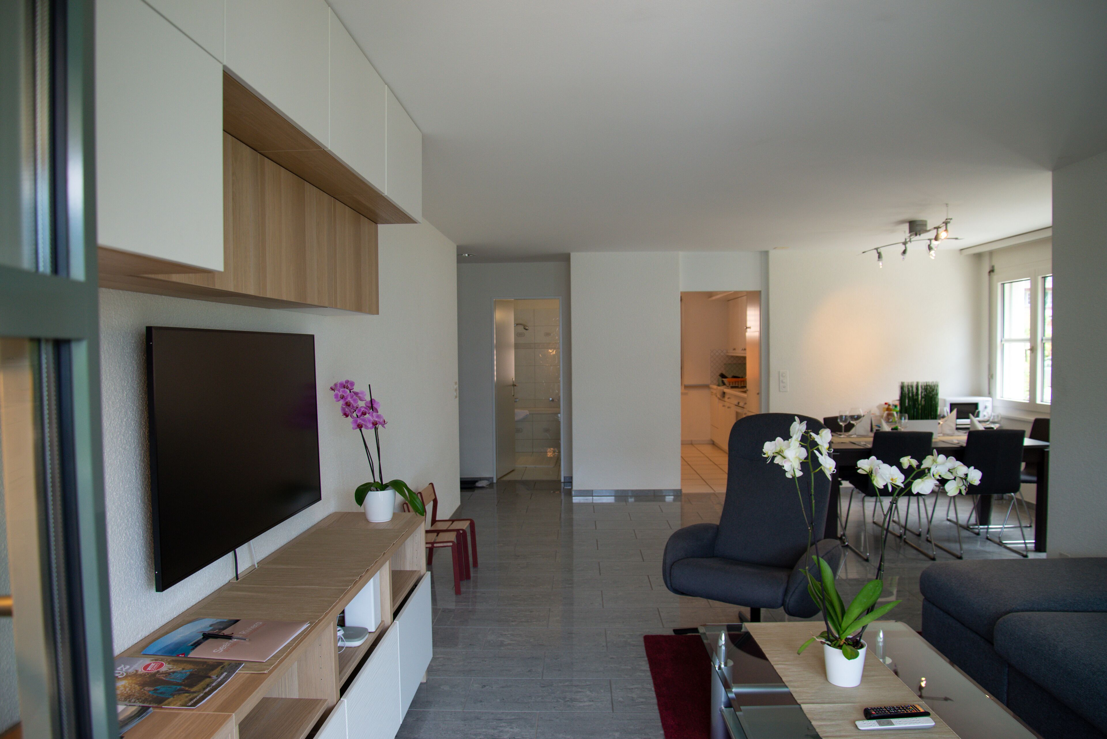 Ein modernes Wohnzimmer mit einem Flachbildfernseher, einem Sofa, einem Couchtisch mit Pflanze und einem Essbereich im Hintergrund.