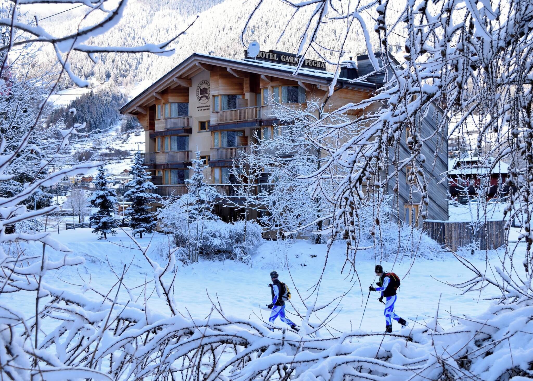 A hotel with multiple balconies, a ski slope in the background, and snow-covered trees.