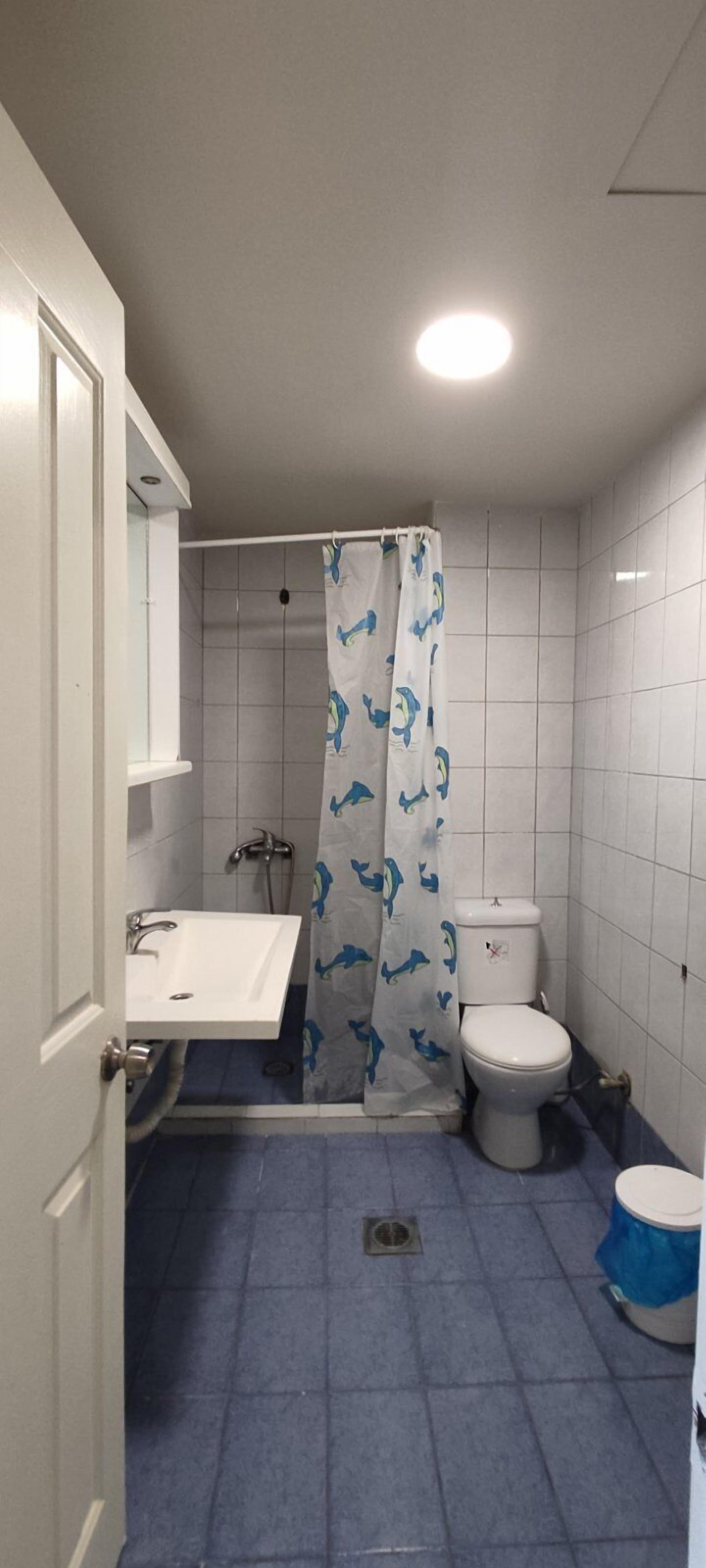 Un baño con lavamanos, inodoro y cortina de ducha con estampado de delfines.