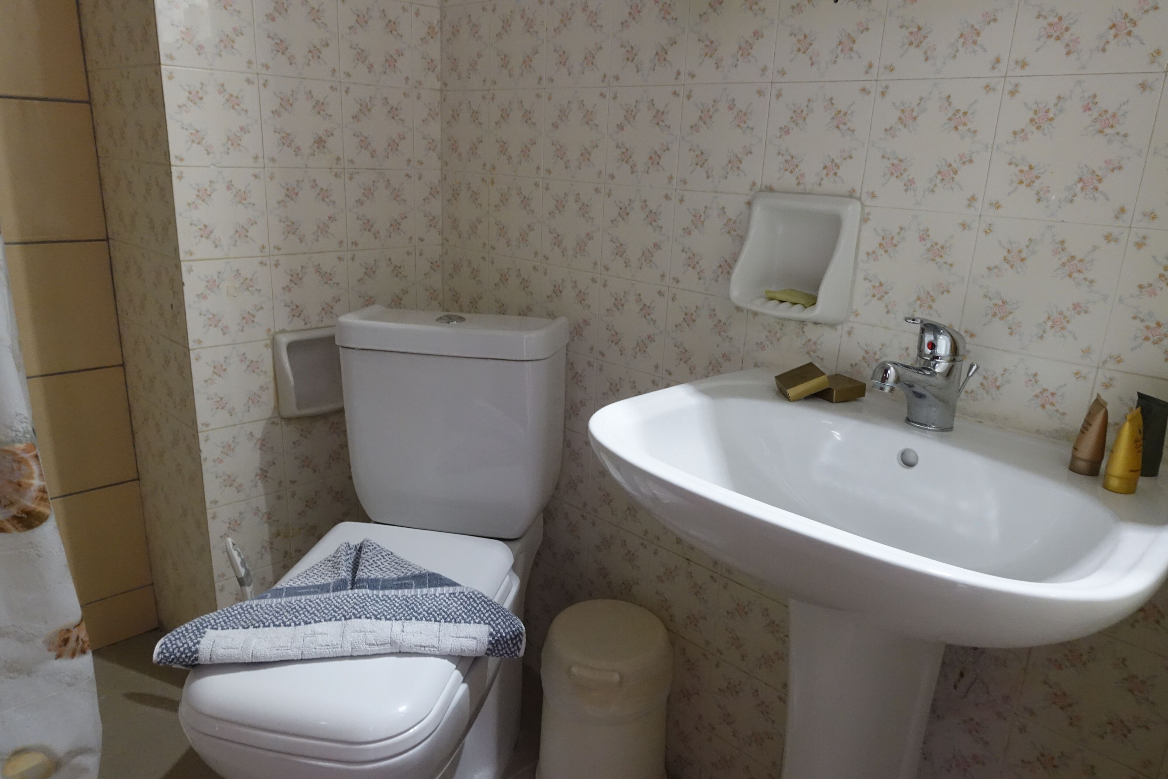 A bathroom with a toilet, sink, and a toilet paper holder.