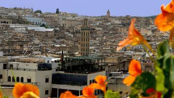 Uma área urbana densamente povoada com um edifício em destaque, apresentando uma cúpula verde e um minarete.