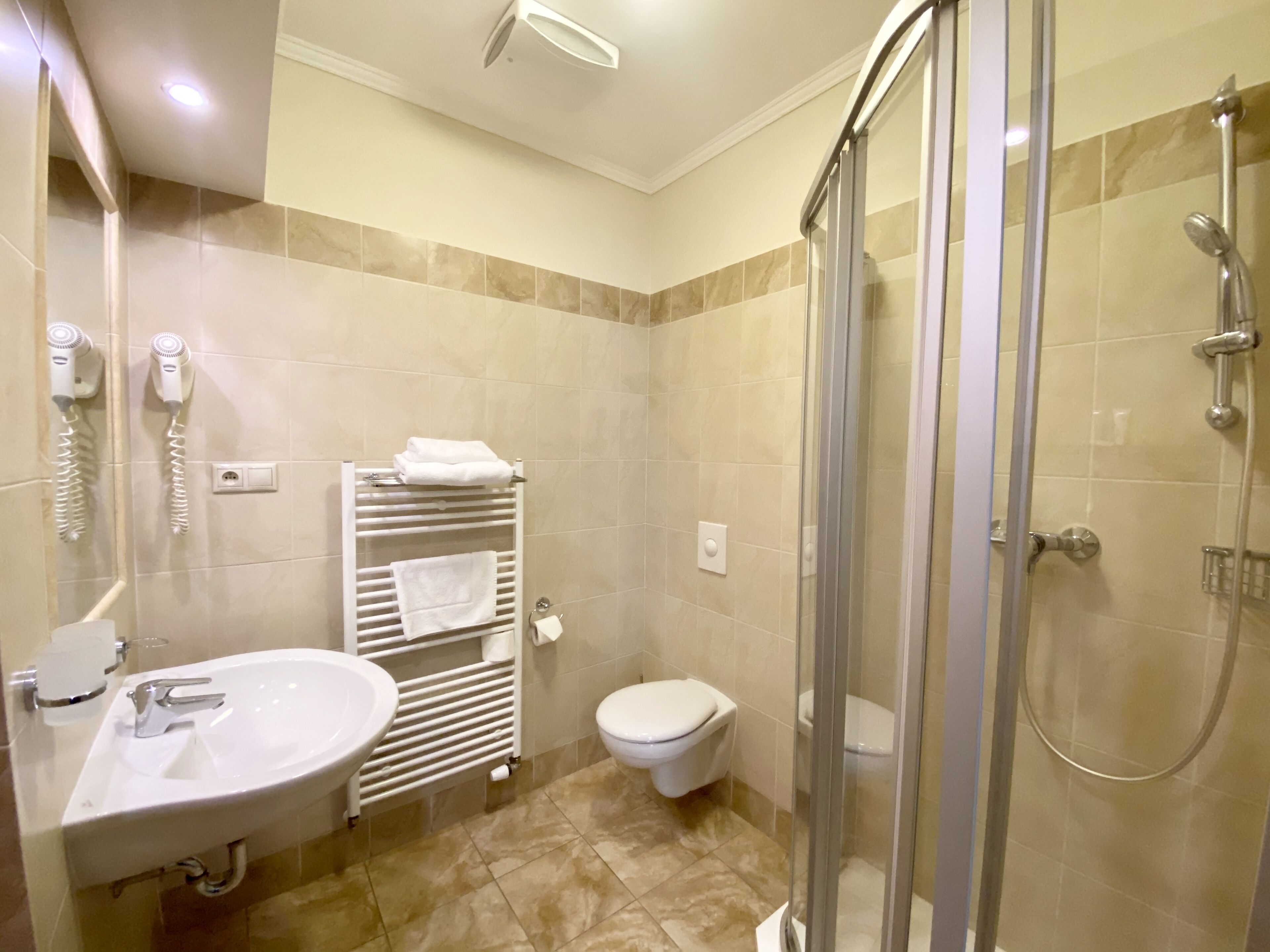 Une salle de bain équipée d’un lavabo, de toilettes, d’une douche et d’un porte-serviettes.