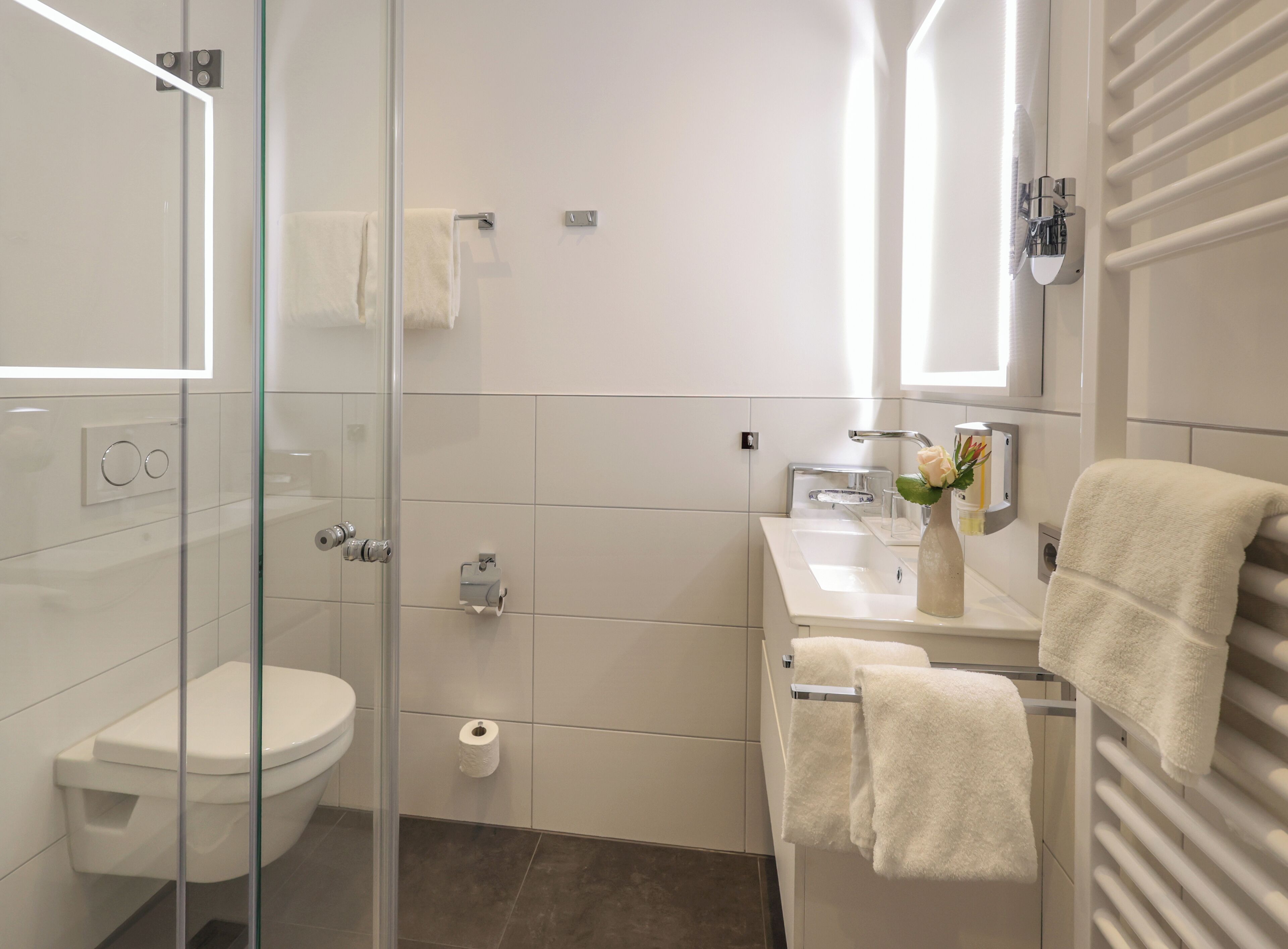 A modern bathroom with a glass shower enclosure, a toilet, a sink with a mirror, and a towel rack.