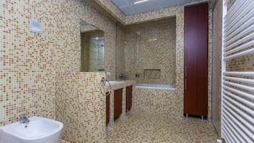 Shower, free toiletries, hair dryer, towels