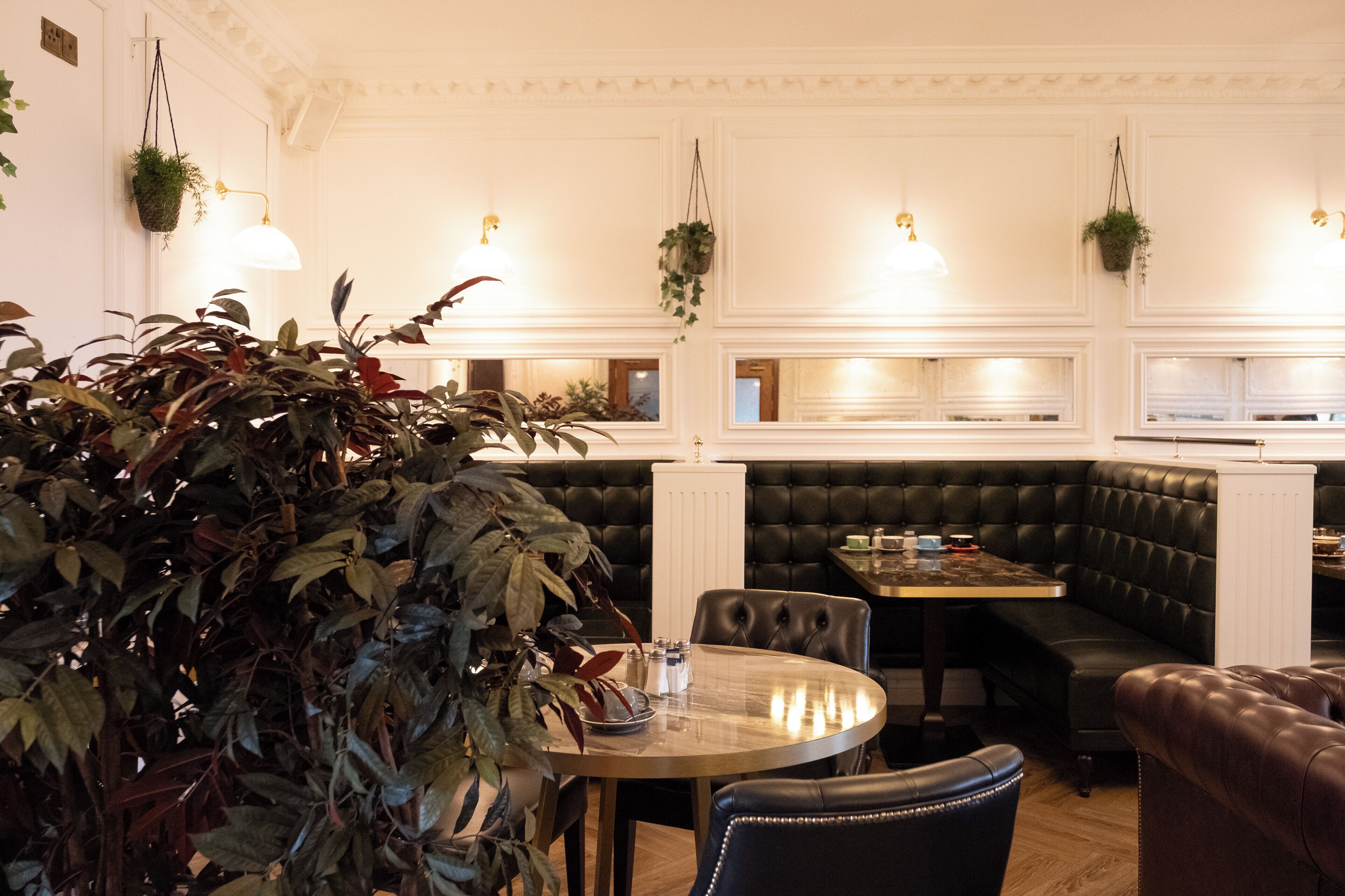A dining area with a round table, black leather booth seating, and hanging plants.