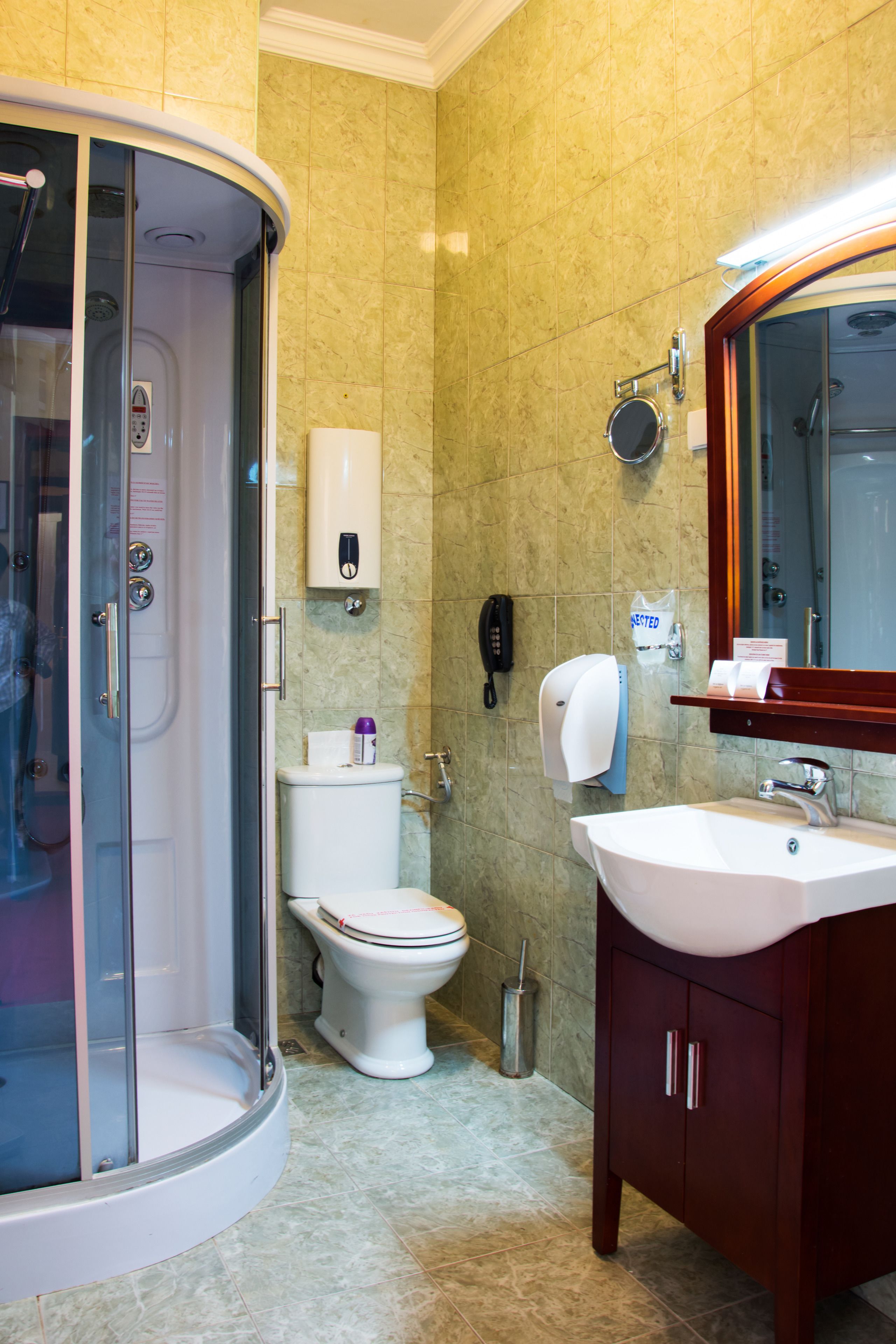 shower, hair dryer, bathrobes, slippers