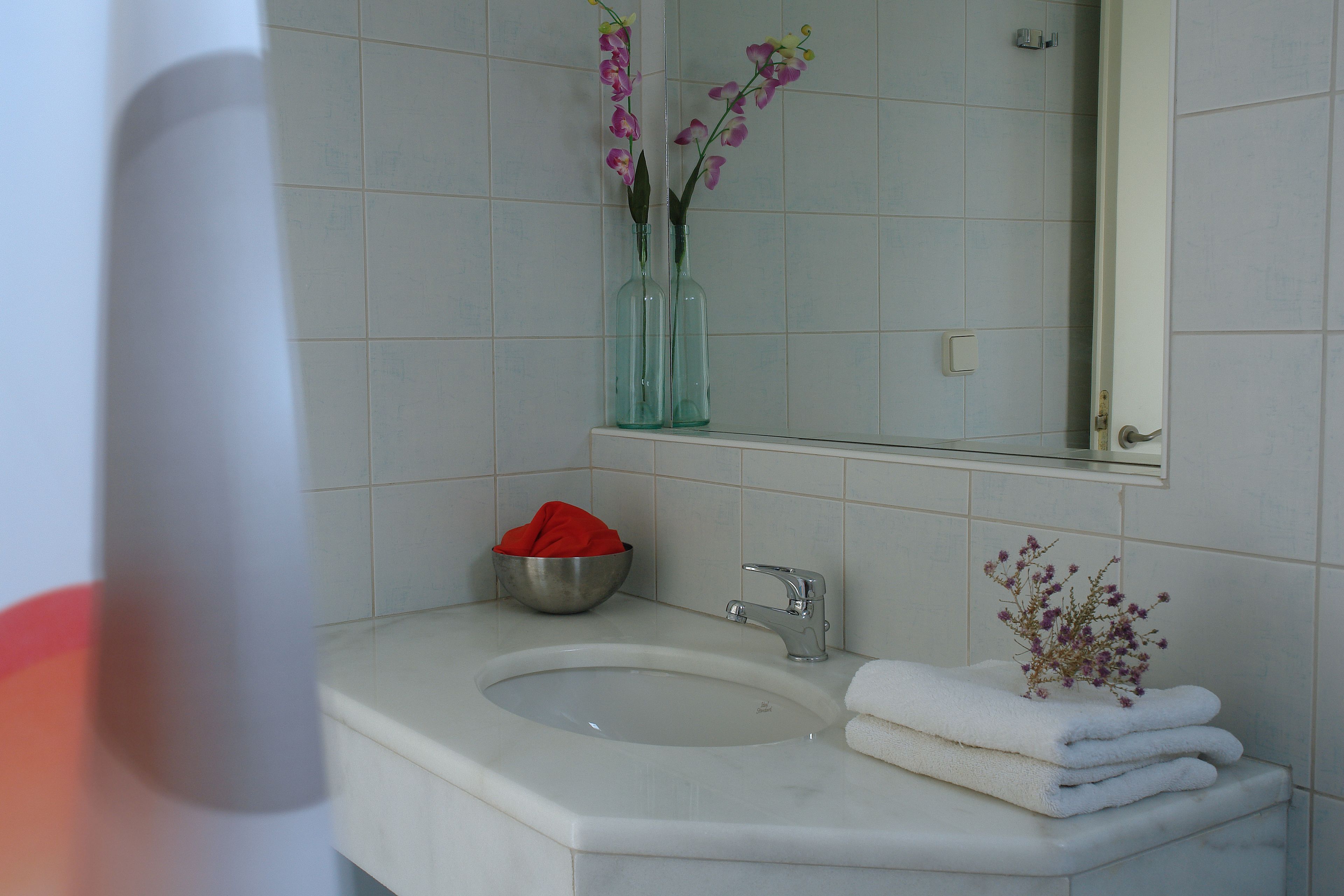 Ein Badezimmer mit Waschbecken, Spiegel und Handtuchhalter.