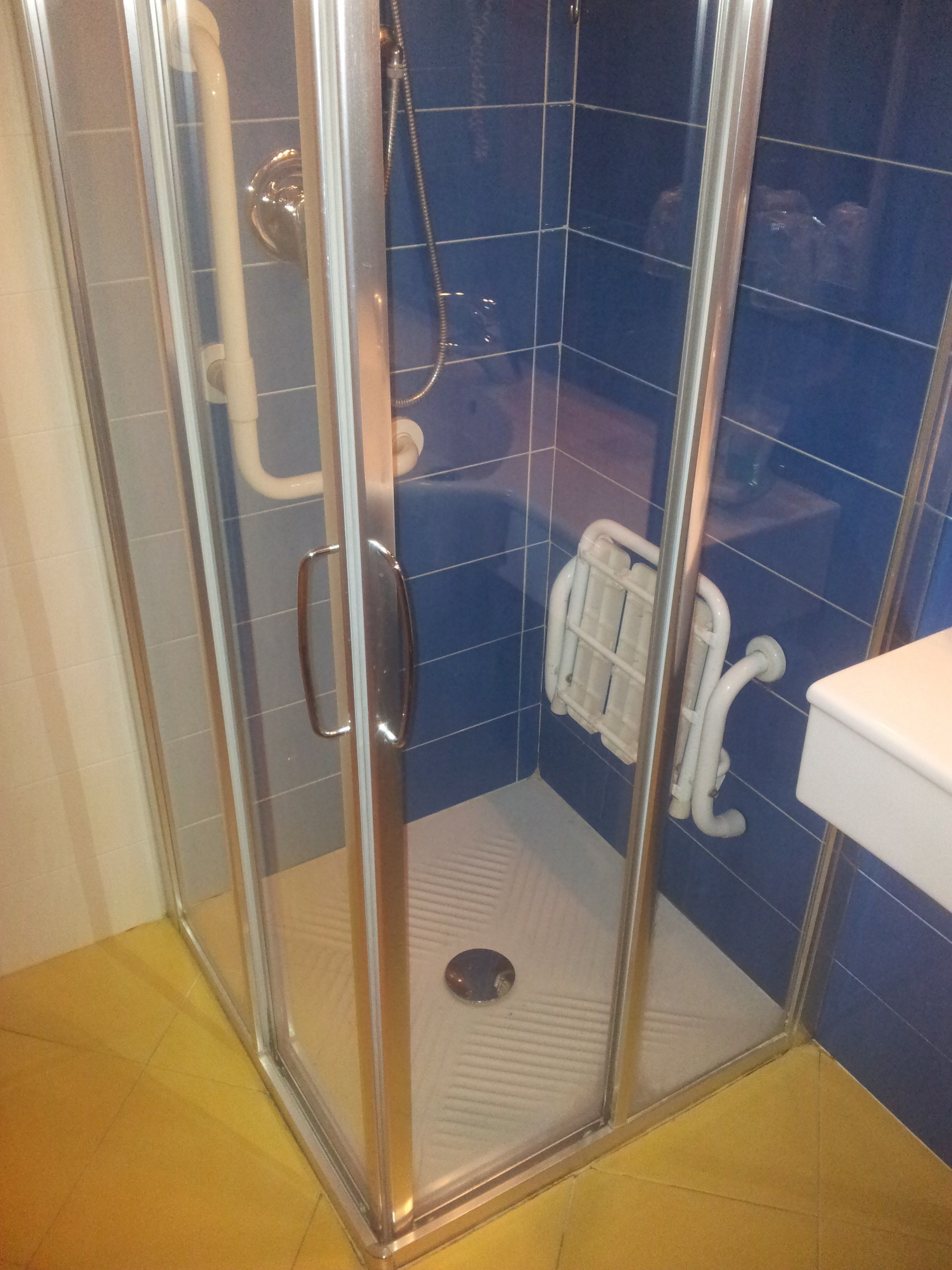 A glass-enclosed shower stall with a white toilet and a white radiator in the corner.