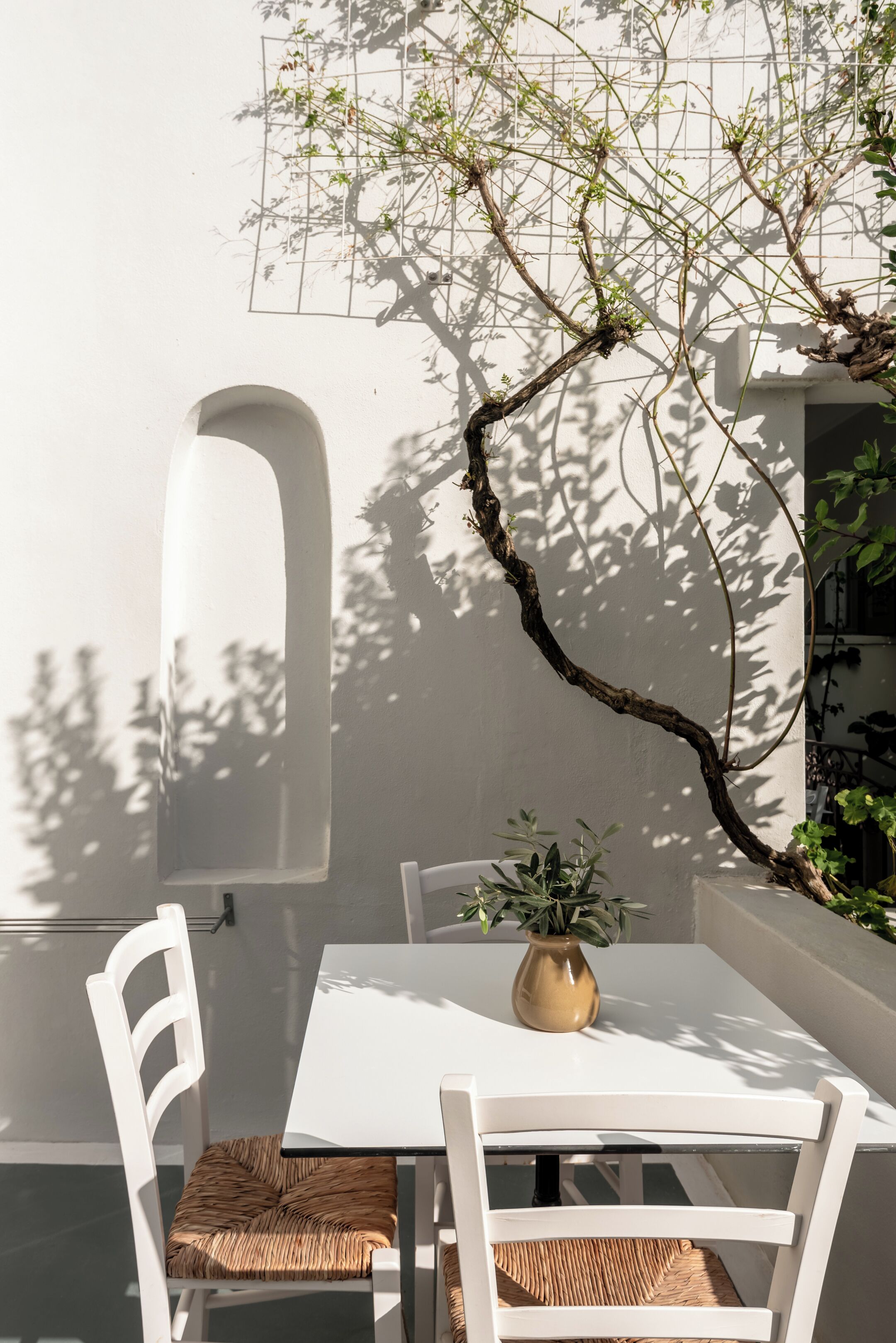 A white table with a vase, two white chairs, and a plant.