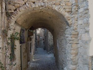 Un passage voûté en pierre, situé dans un bâtiment historique.