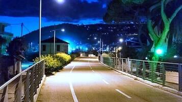 Una vista notturna di un ponte illuminato da lampioni e dotato di parapetto.