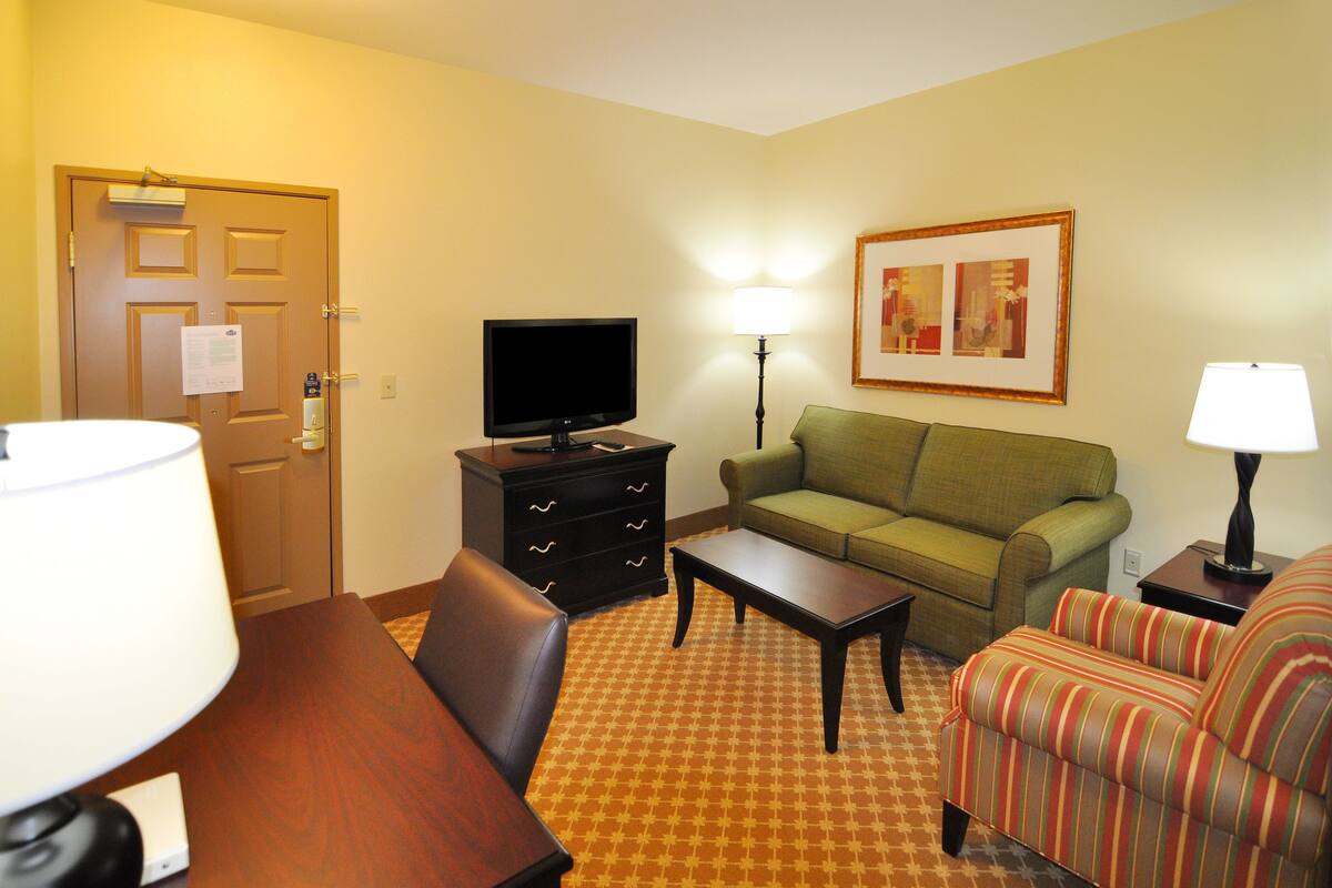 Une chambre d’h ôtel avec un bureau en bois, une télévision, un canapé vert, un fauteuil à rayures et une moquette à motifs.