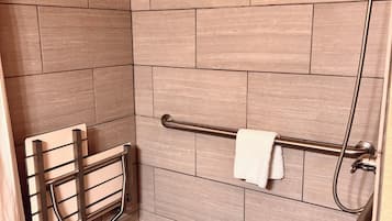 Un espace douche équipé d’une barre d’appui, d’un porte-serviettes et d’un pommeau de douche.