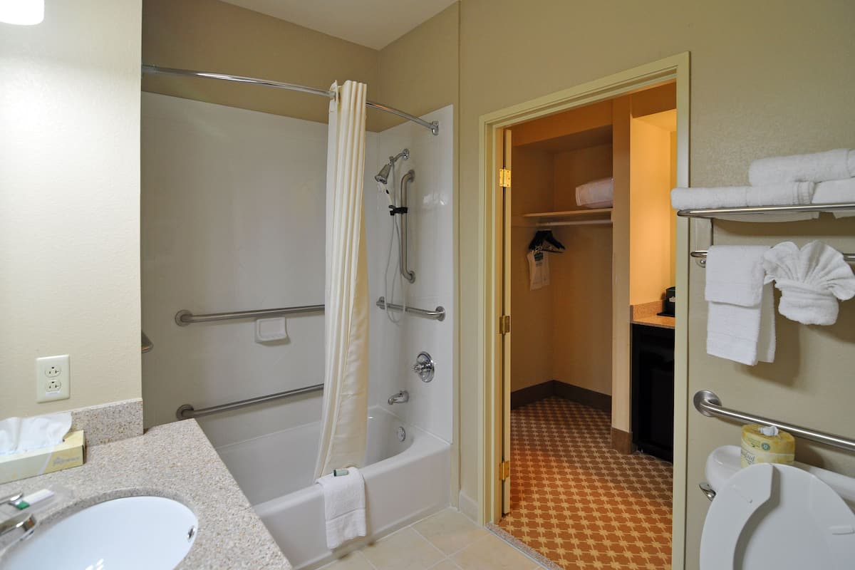 Combined shower/bathtub, free toiletries, hair dryer, towels