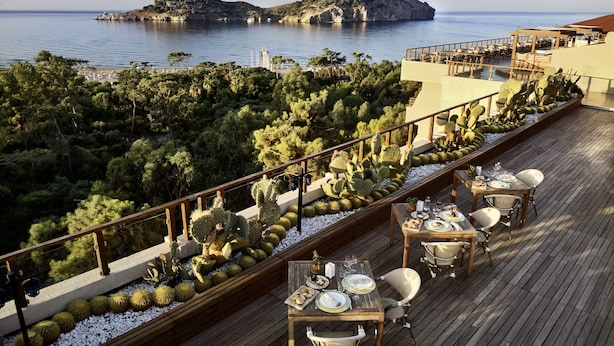 A rooftop terrace with wooden tables and chairs, a cactus garden, and a view of the sea and islands. - TUI MAGIC LIFE Sarigerme - All Inclusive (Ortaca)