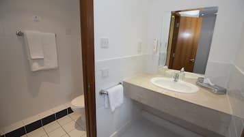 Un baño con inodoro, lavabo y espejo.